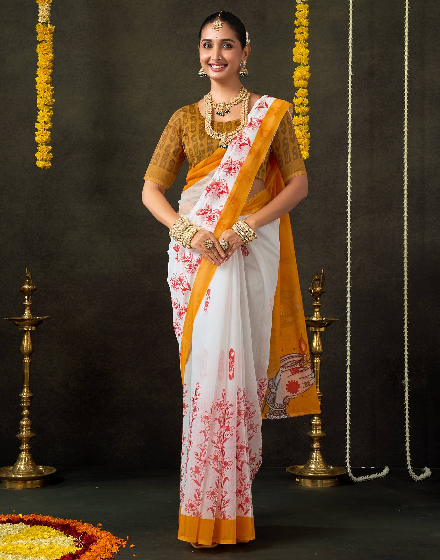 Off White Cotton Printed Saree
