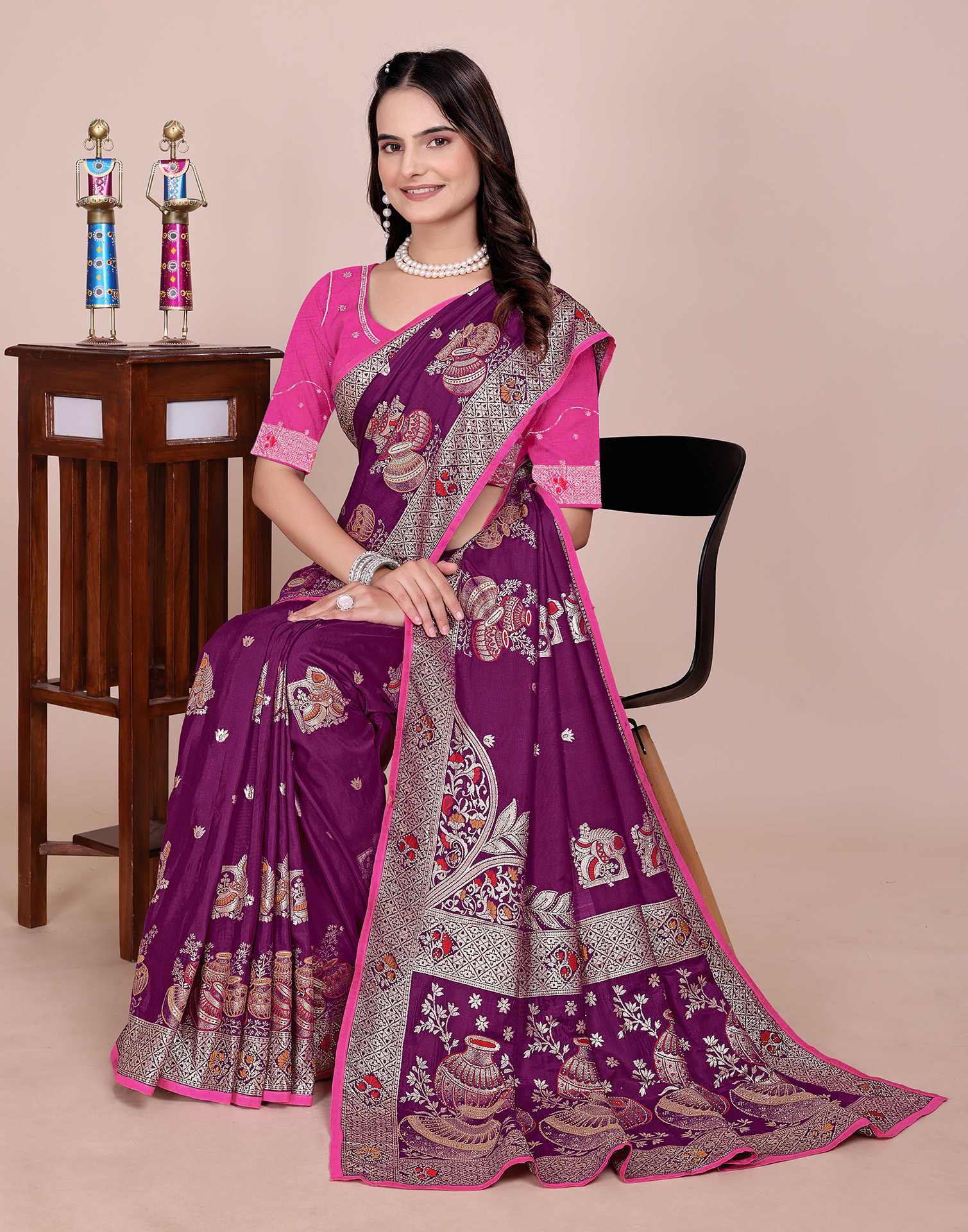 Wine Silk Woven Saree