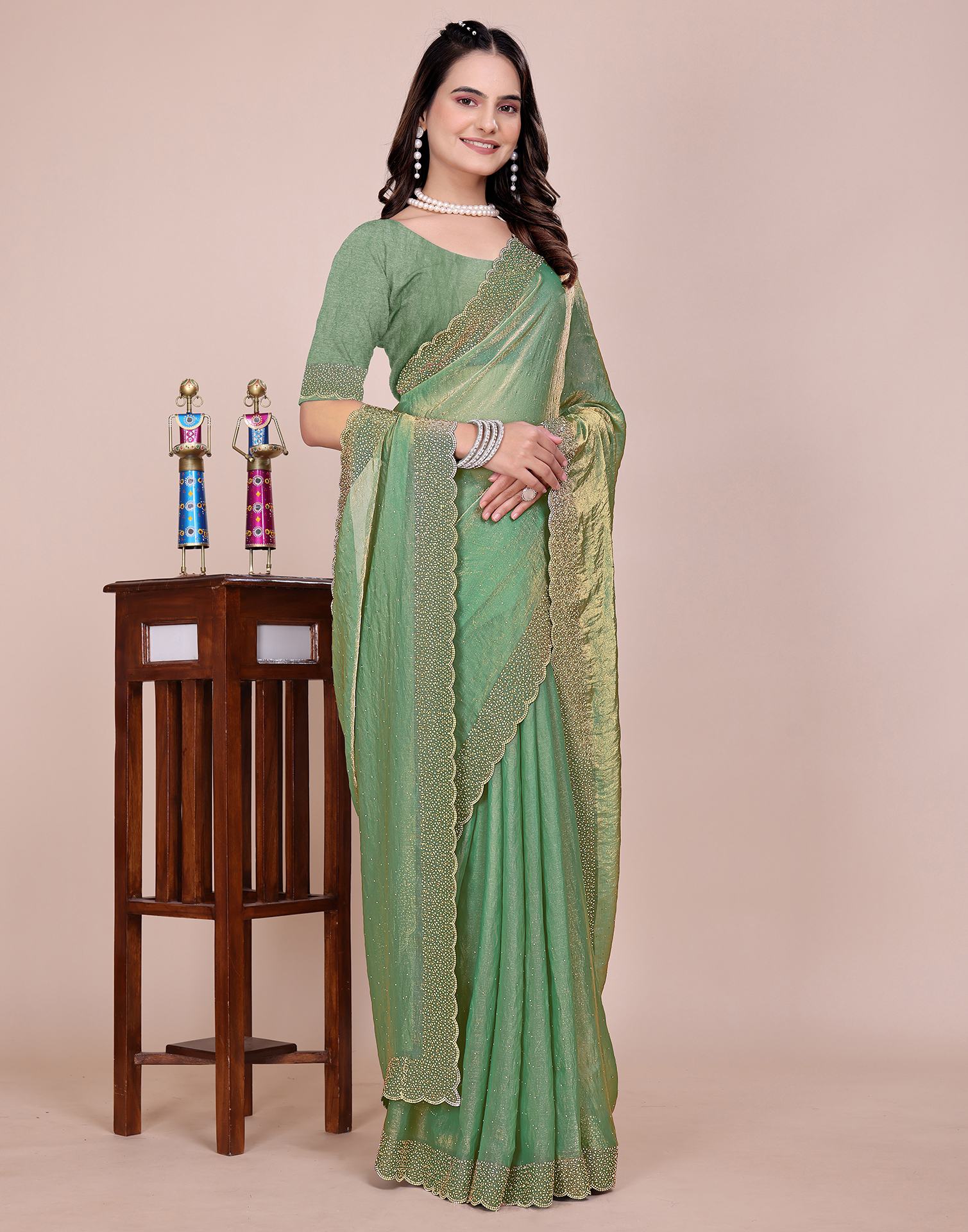 Pista Green Tissue Silk Stone Work Swarovski Saree