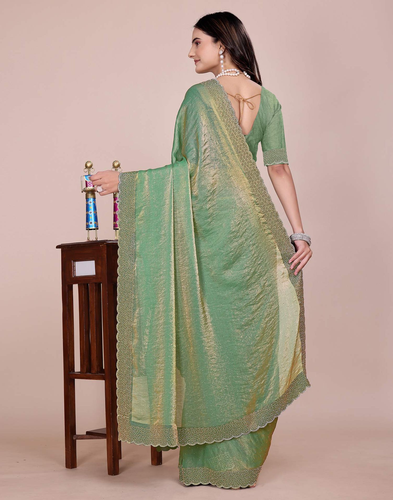 Pista Green Tissue Silk Stone Work Swarovski Saree