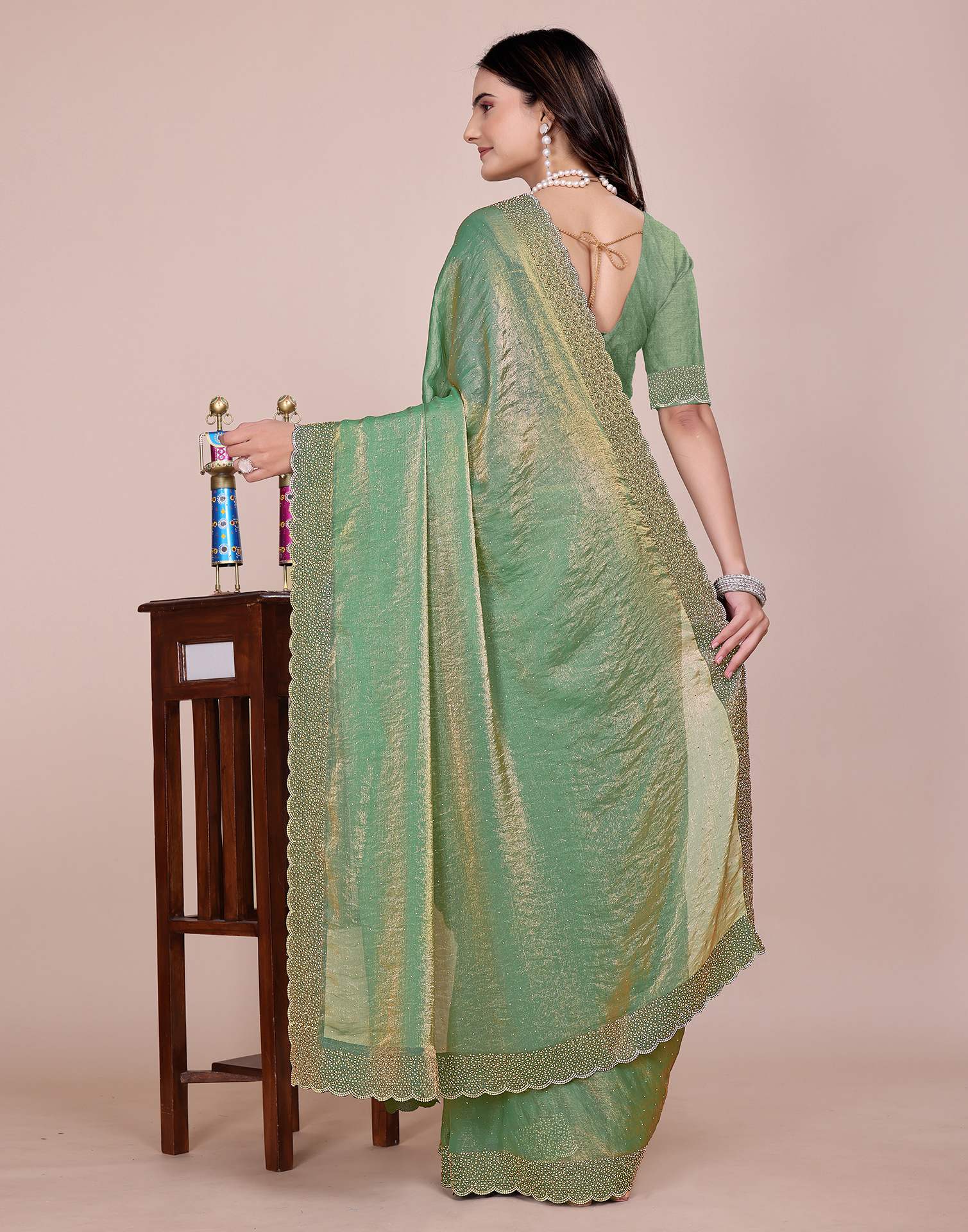Pista Green Tissue Silk Stone Work Swarovski Saree