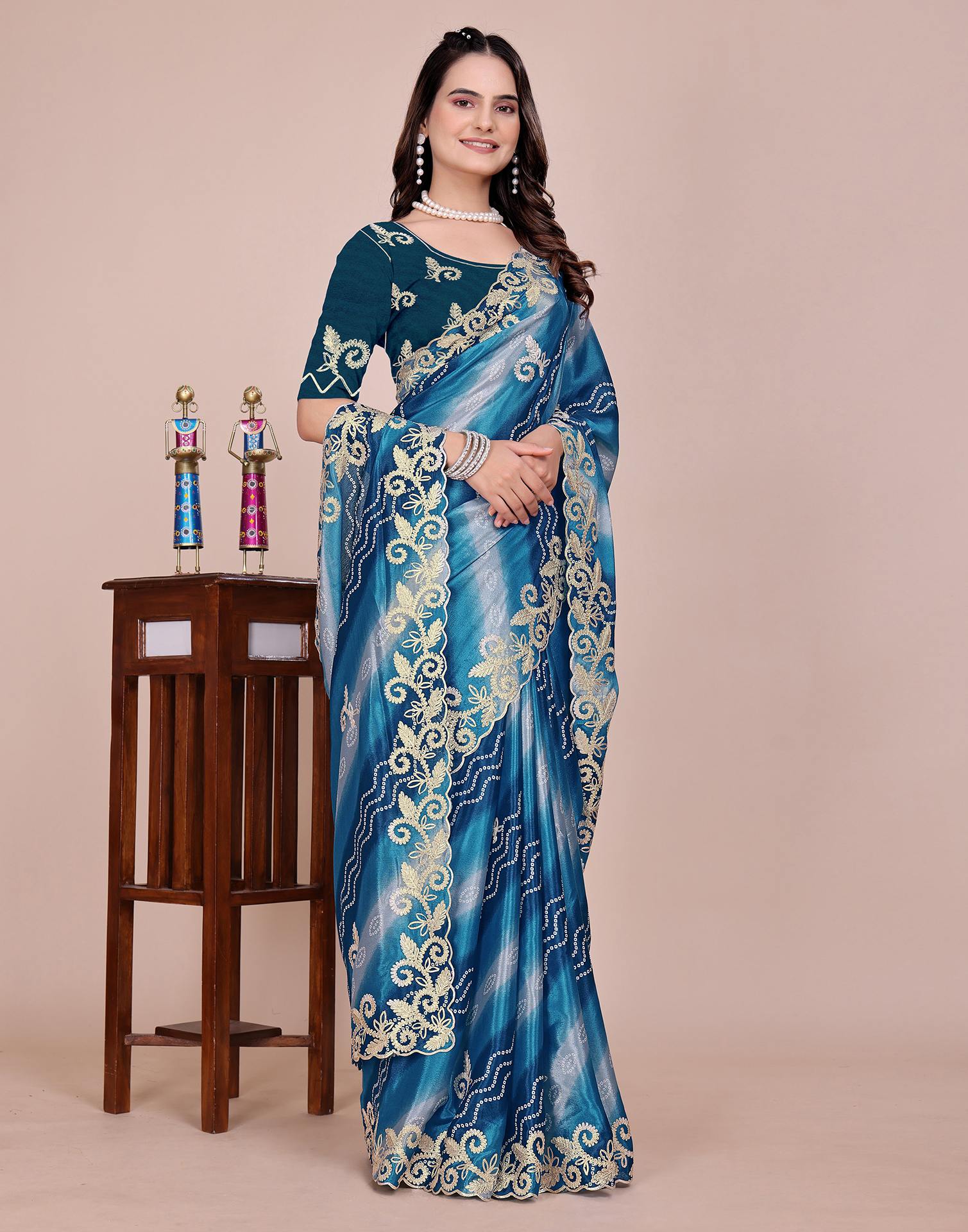 Blue Chinnon Printed Bandhani Saree