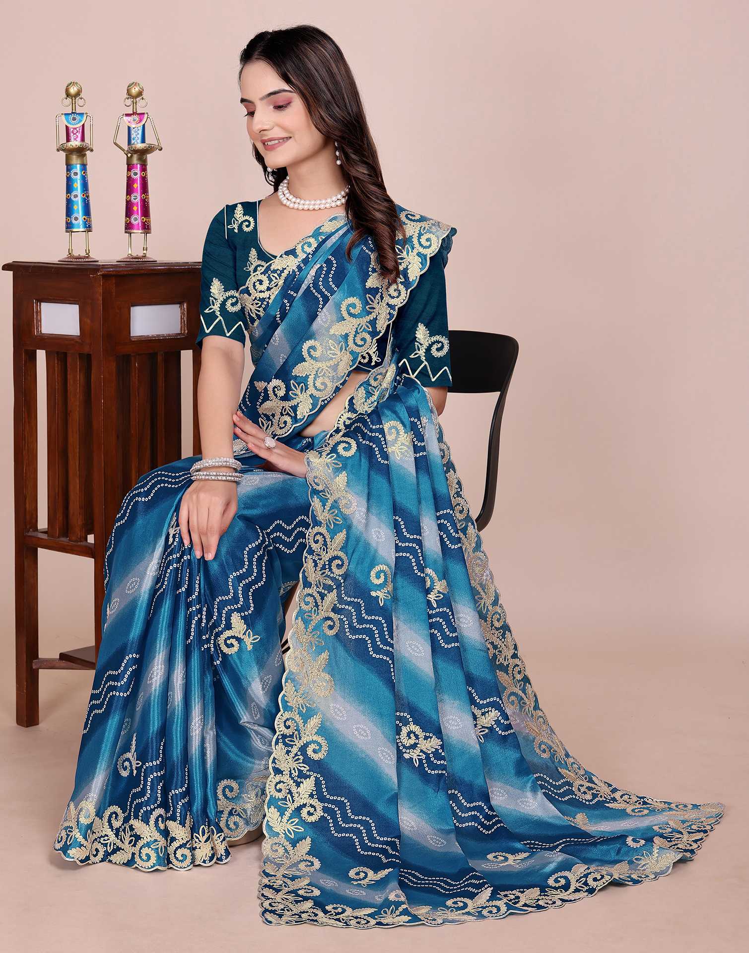 Blue Chinnon Printed Bandhani Saree