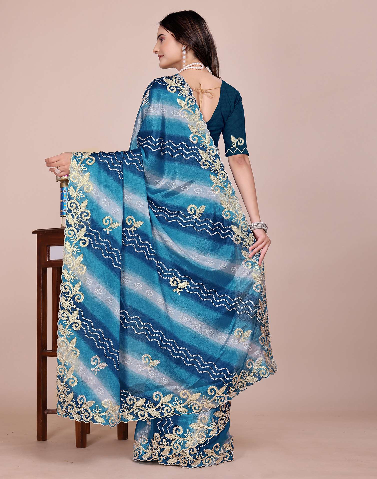 Blue Chinnon Printed Bandhani Saree
