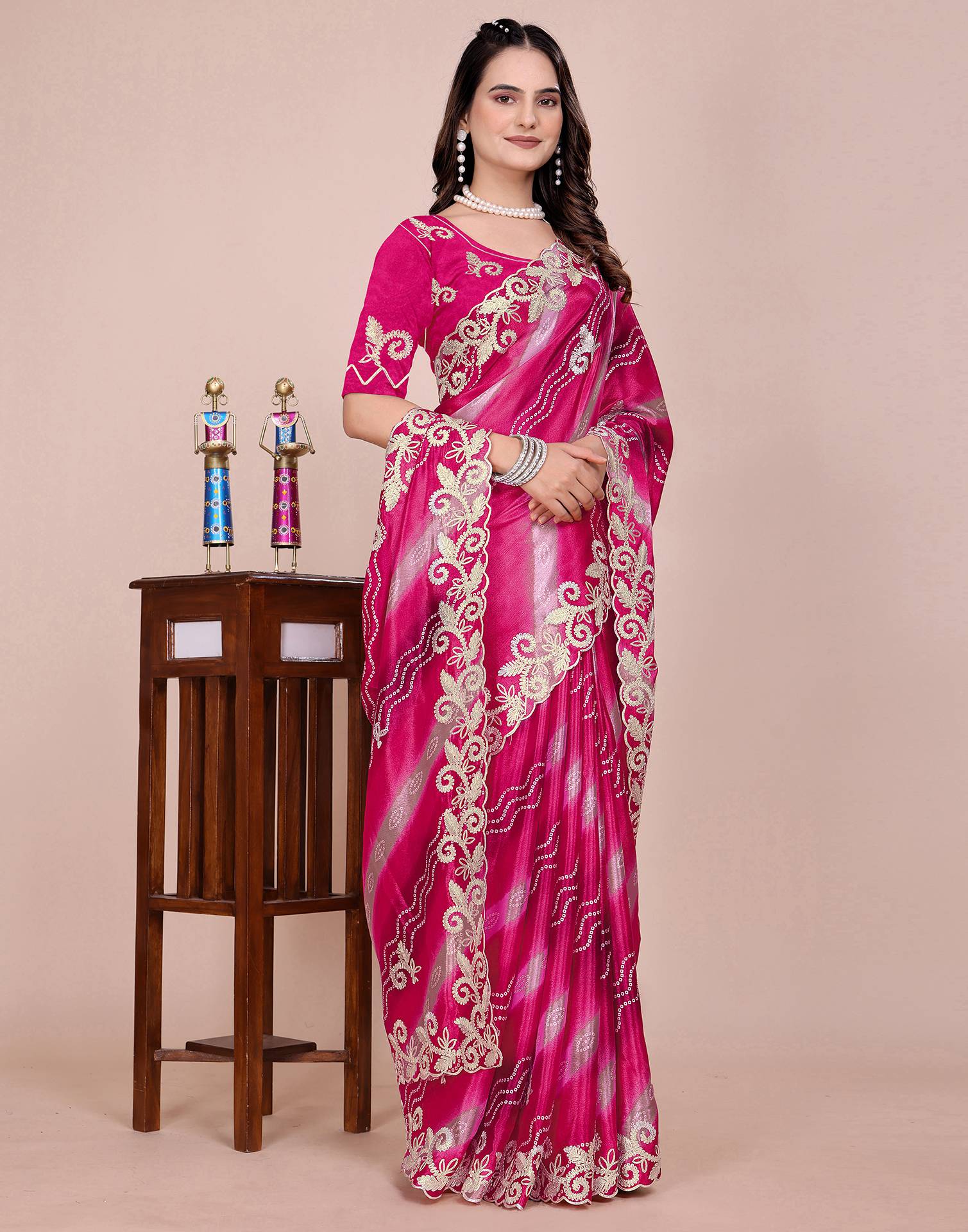 Pink Chinnon Printed Bandhani Saree