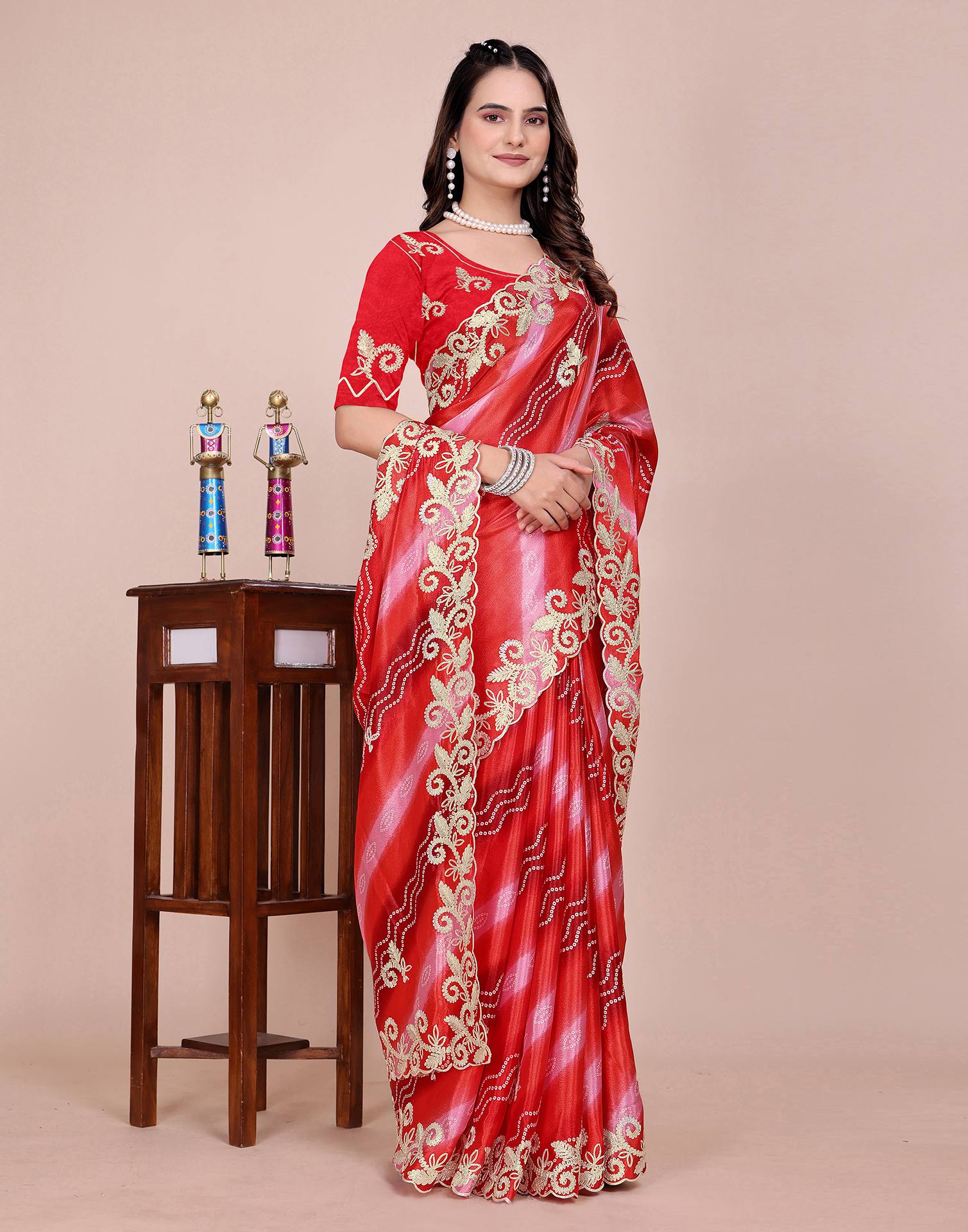 Red Chinnon Printed Bandhani Saree