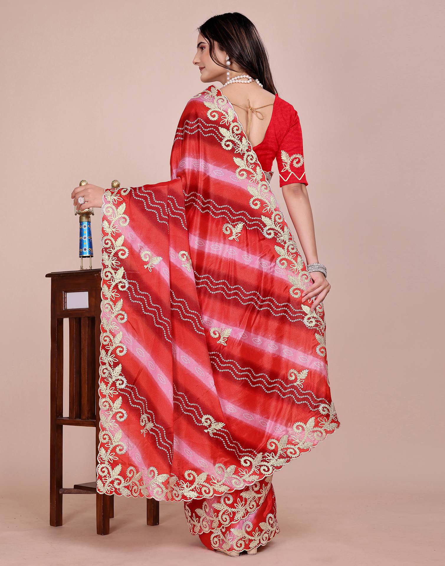 Red Chinnon Printed Bandhani Saree