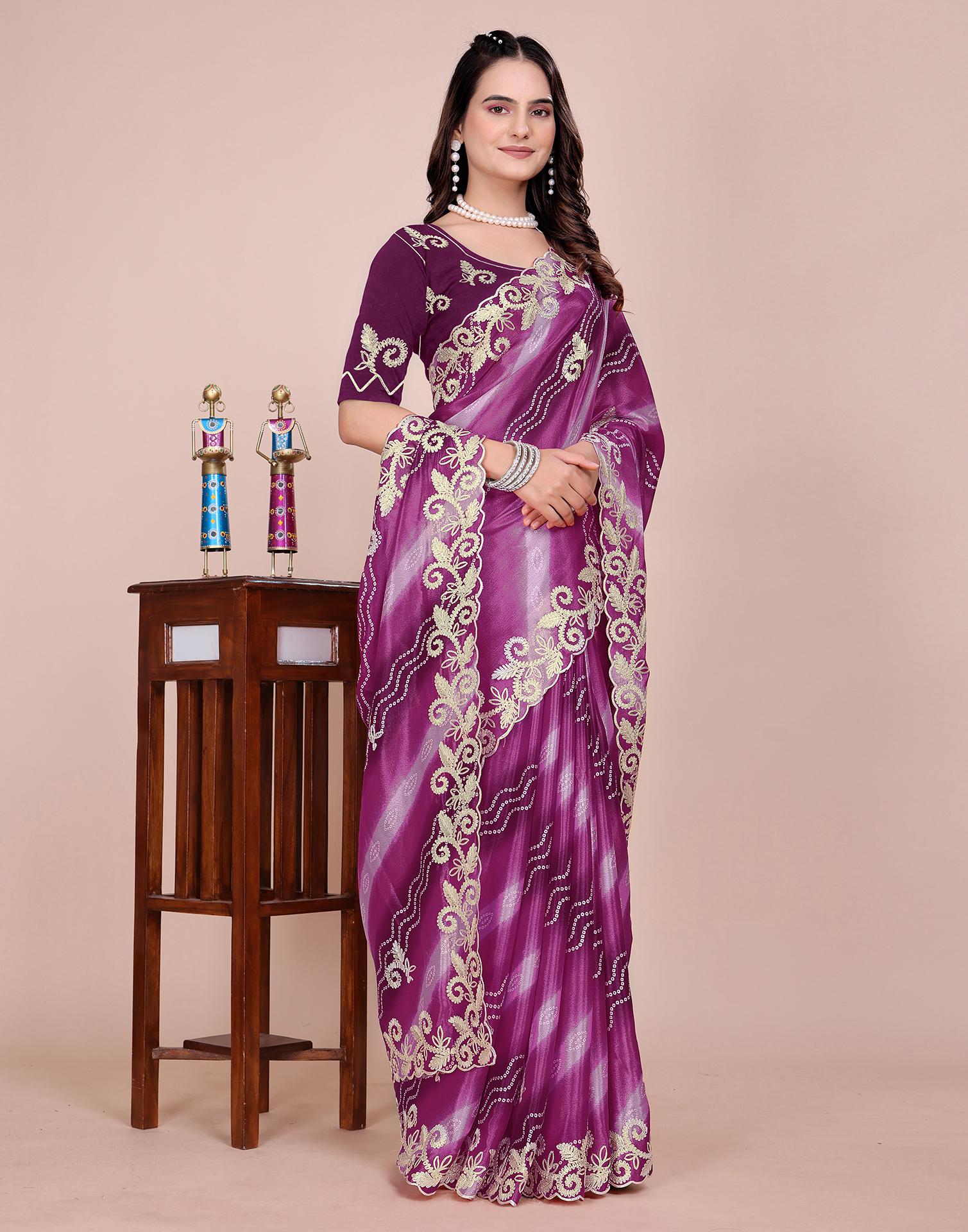 Dusty Wine Chinnon Printed Bandhani Saree