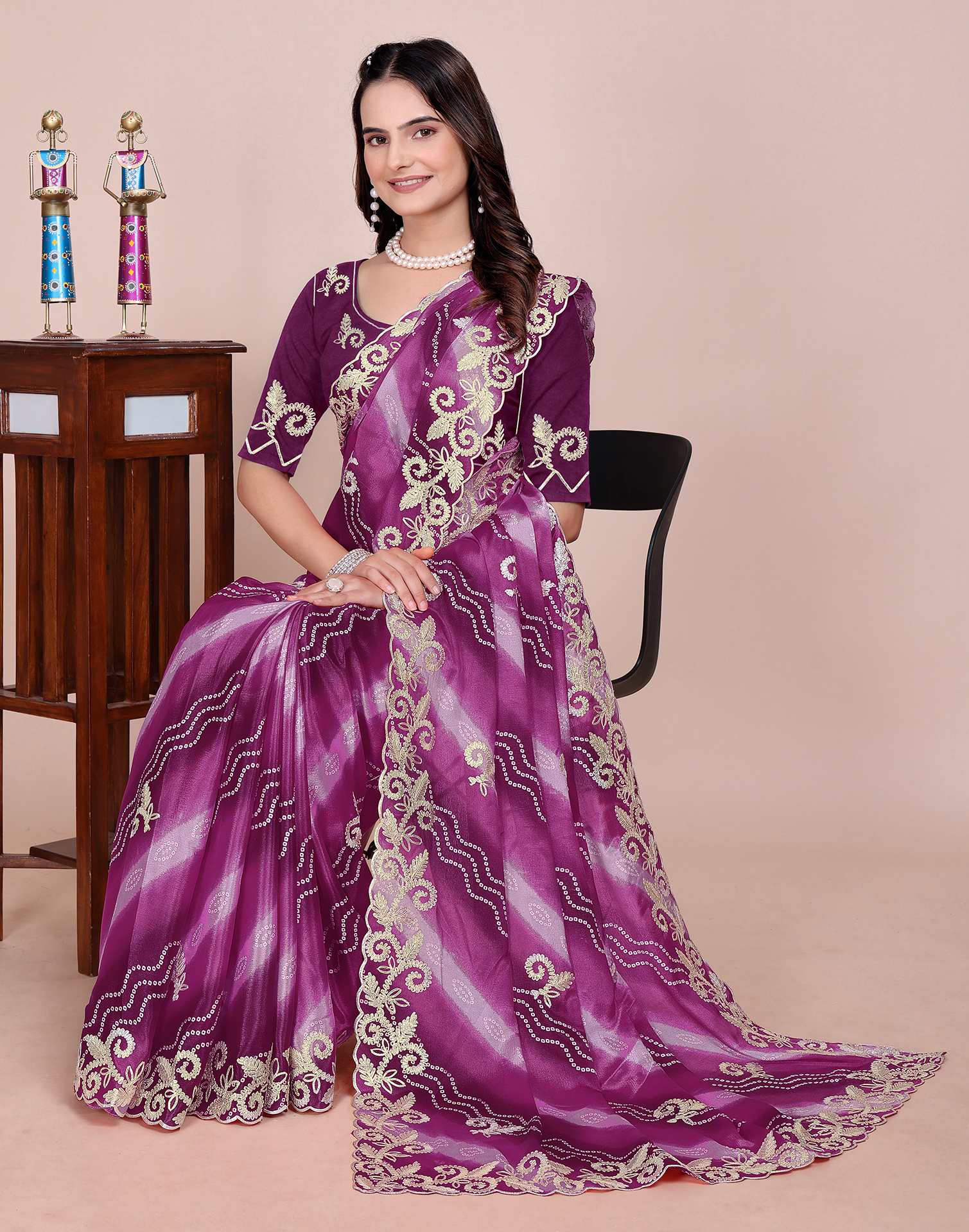 Dusty Wine Chinnon Printed Bandhani Saree