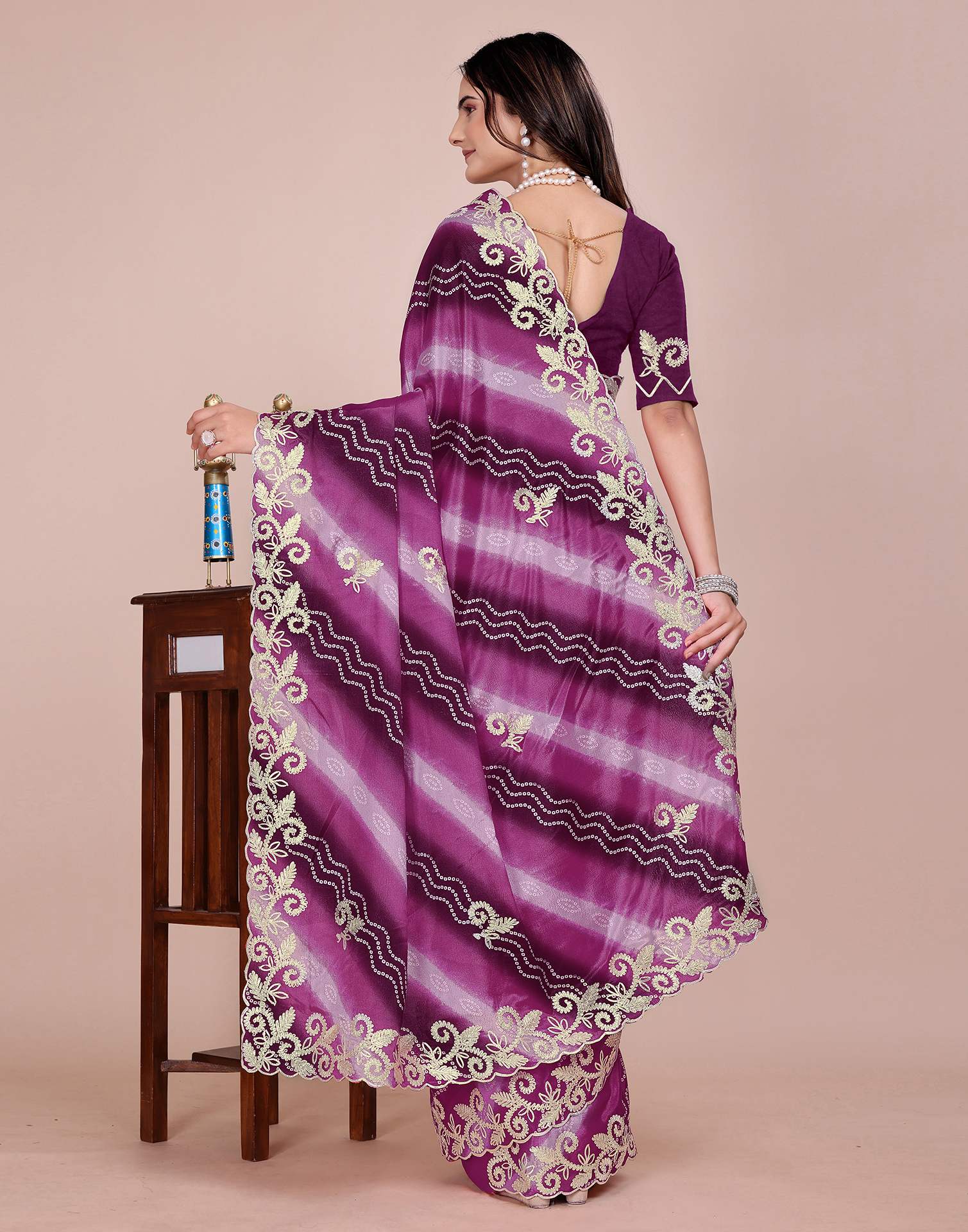 Dusty Wine Chinnon Printed Bandhani Saree