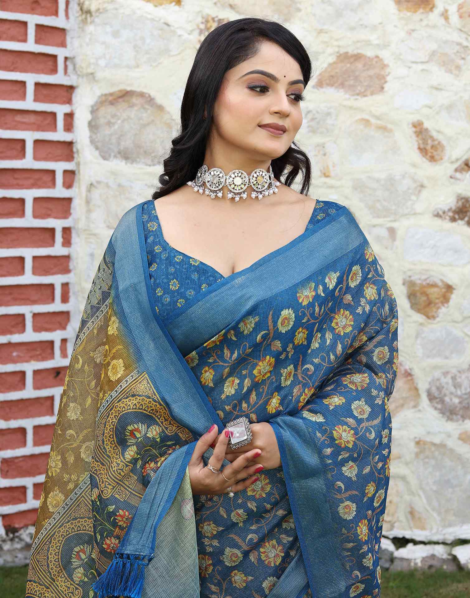 Blue Cotton Floral Printed Saree