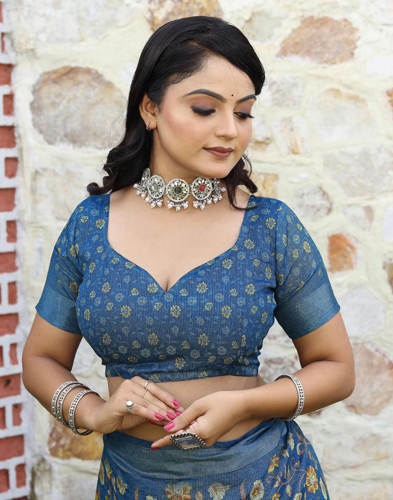 Blue Cotton Floral Printed Saree