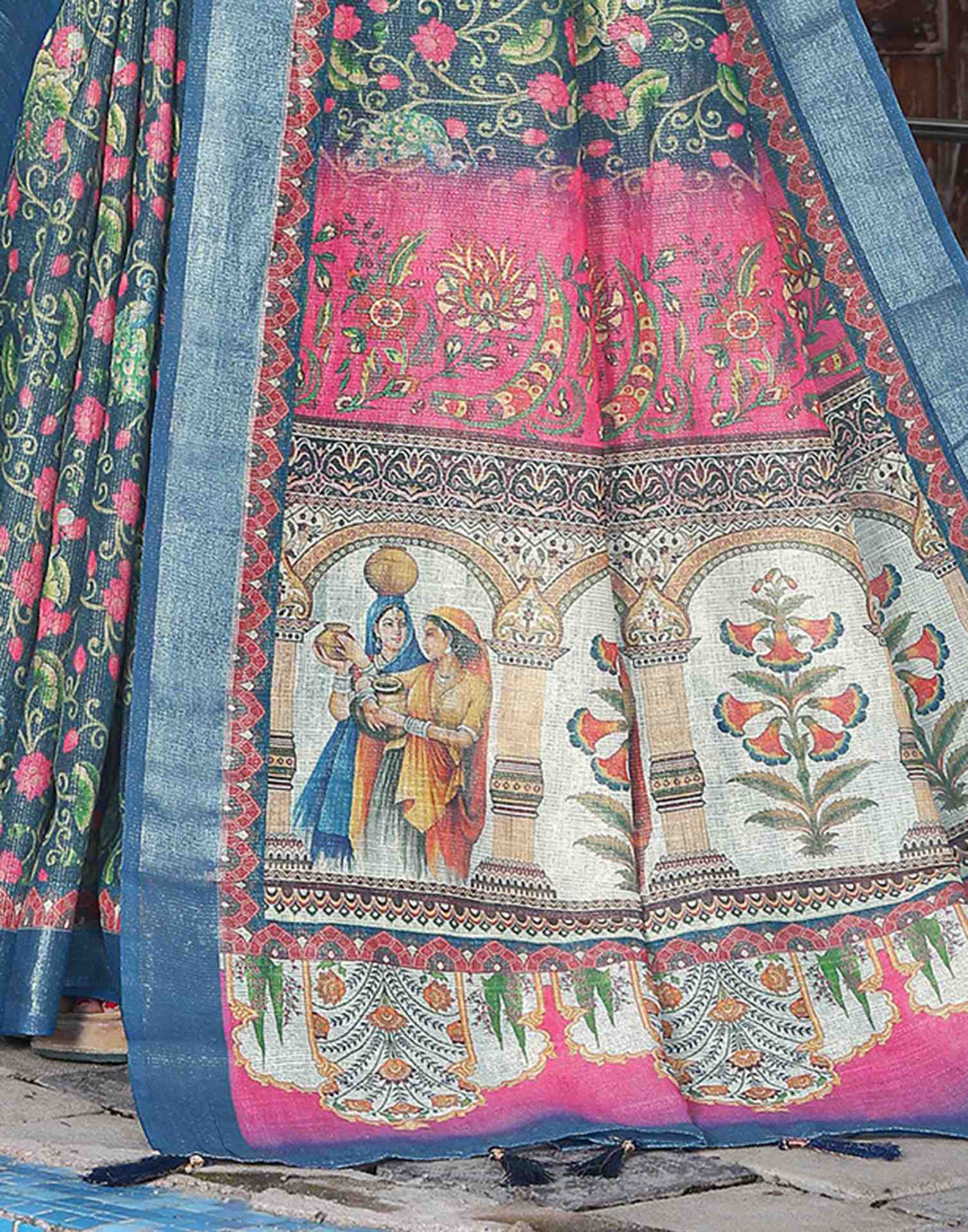 Blue Cotton Floral Printed Saree
