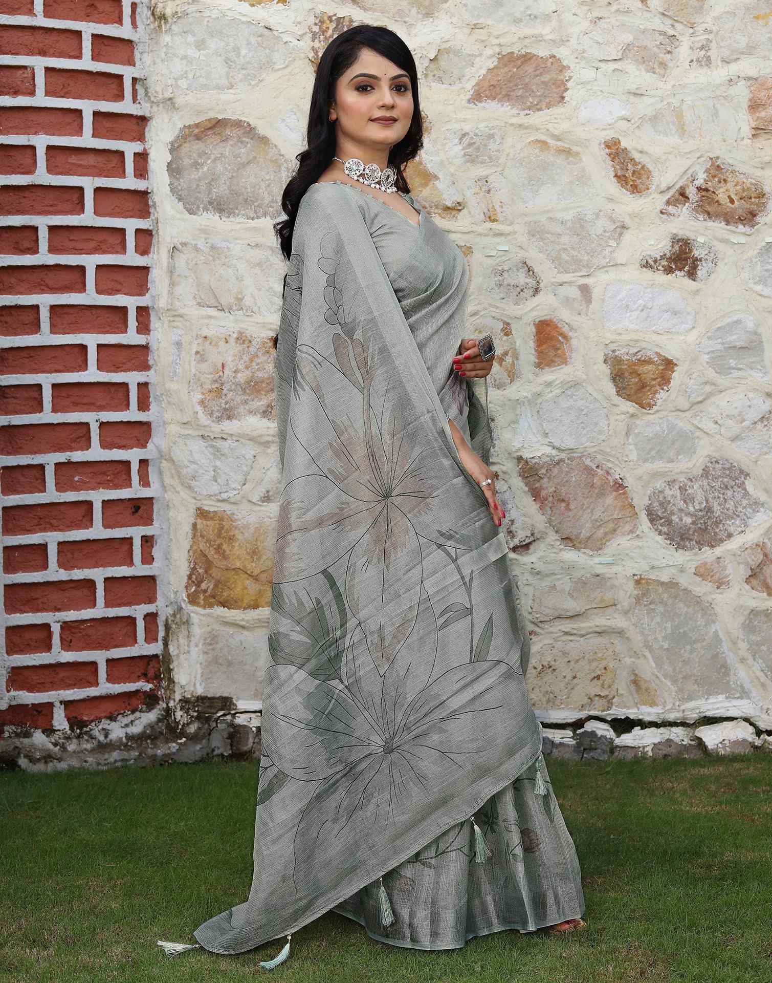Grey Cotton Floral Printed Saree