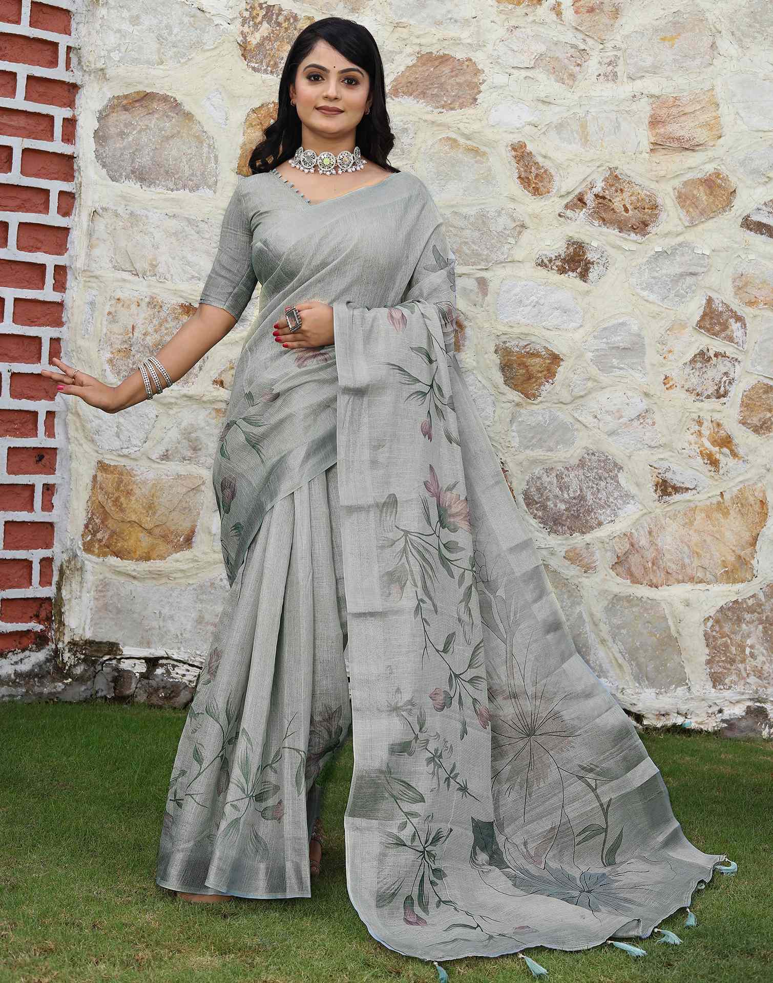Grey Cotton Floral Printed Saree