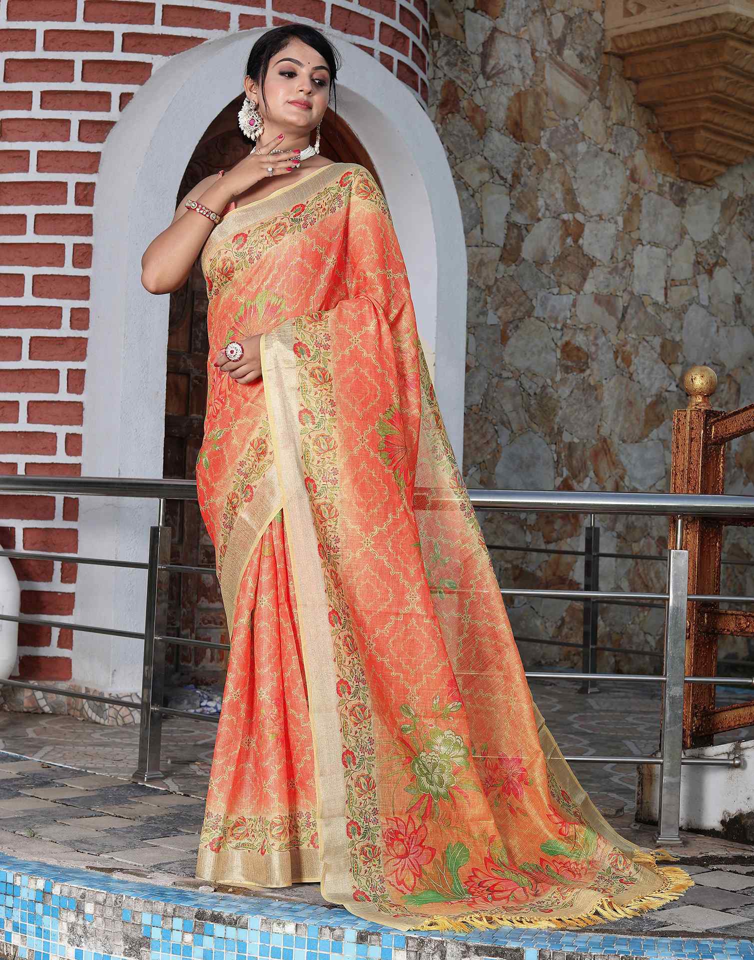 Light Orange Cotton Floral Printed Saree