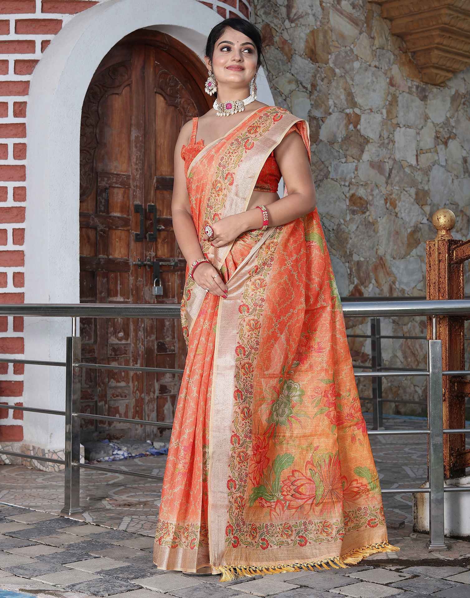 Light Orange Cotton Floral Printed Saree