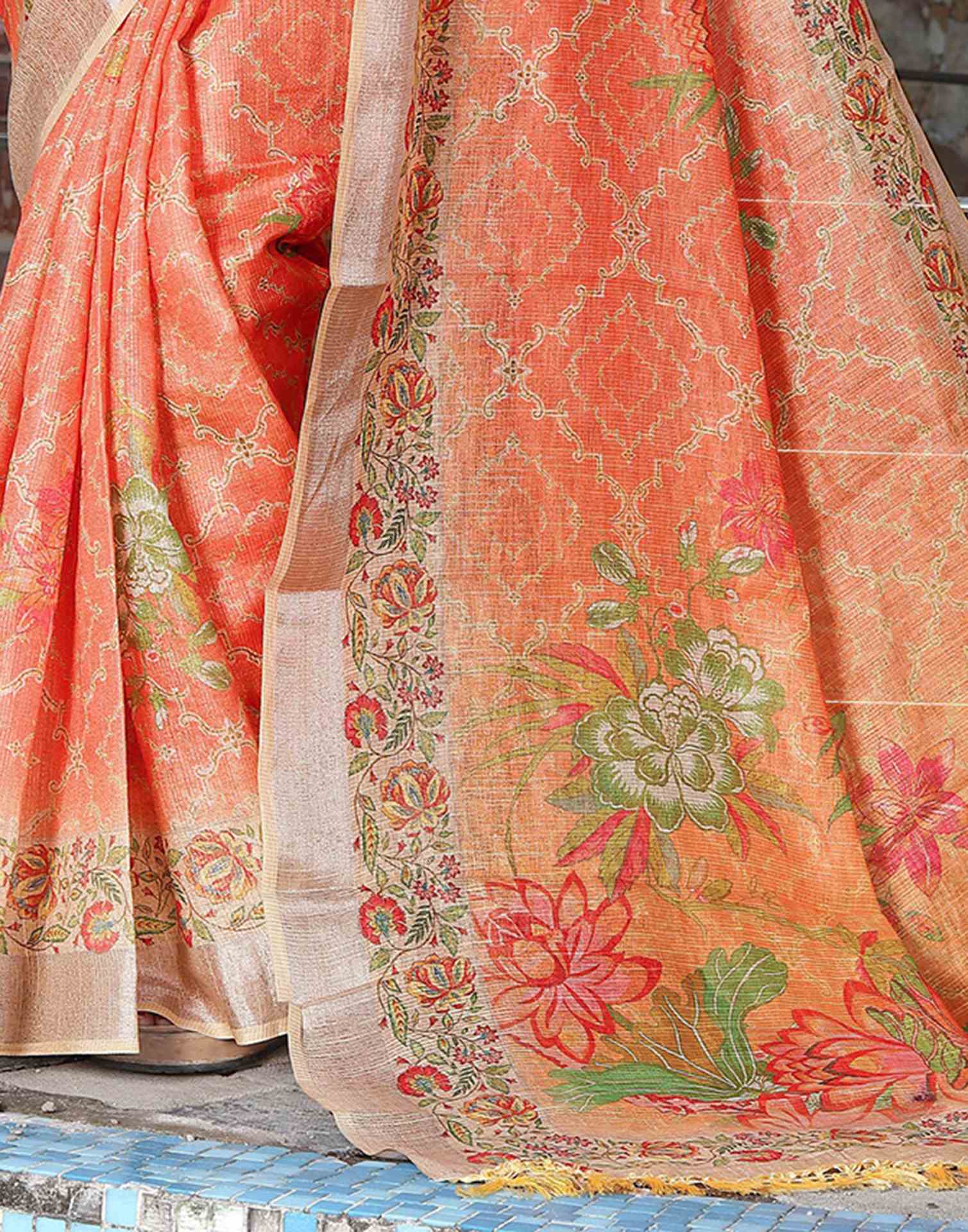 Light Orange Cotton Floral Printed Saree