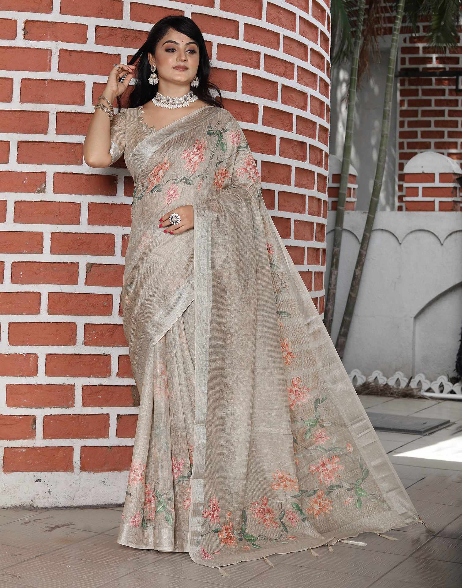 Beige Cotton Floral Printed Saree