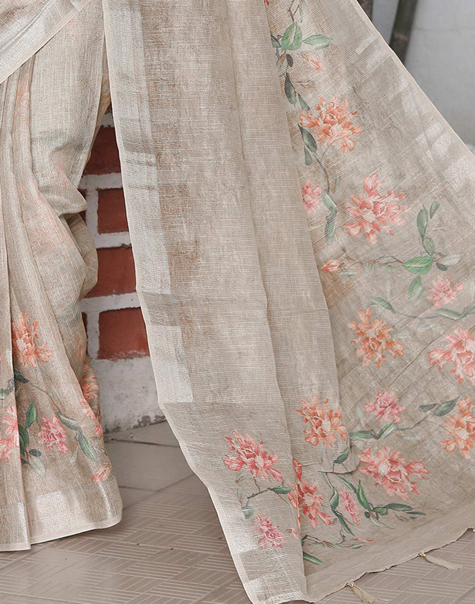 Beige Cotton Floral Printed Saree