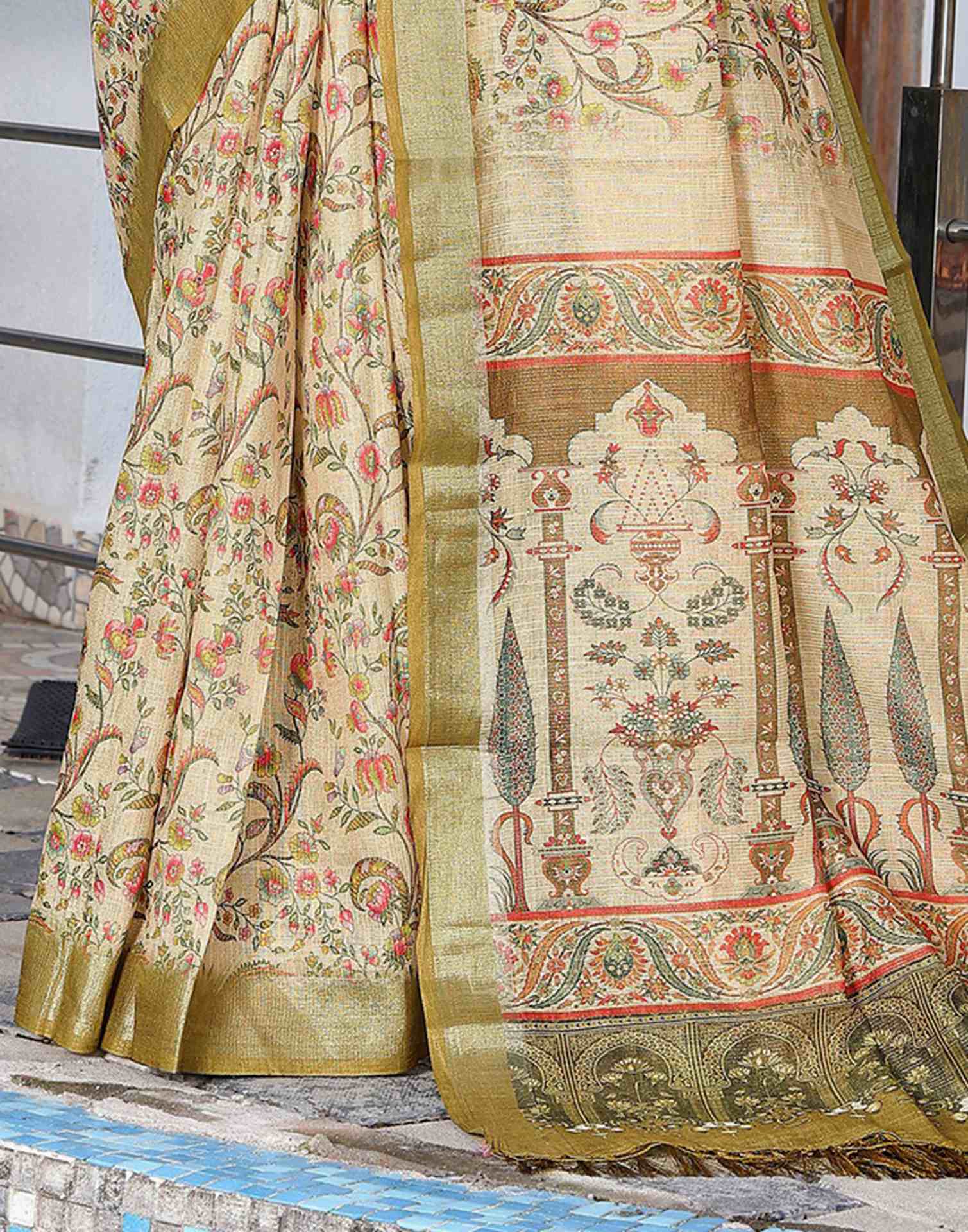 Beige Cotton Floral Printed Saree