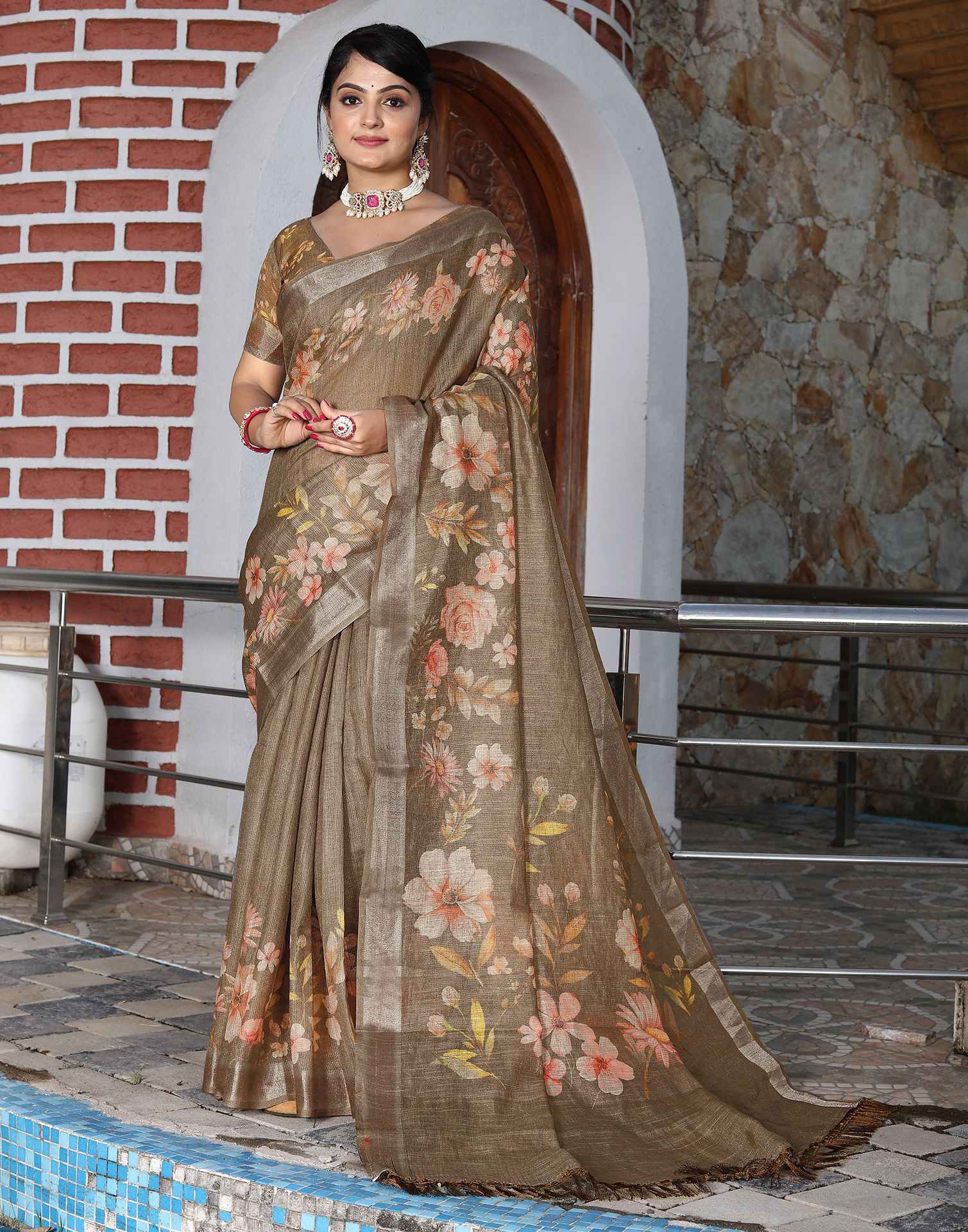 Khaki Cotton Floral Printed Saree