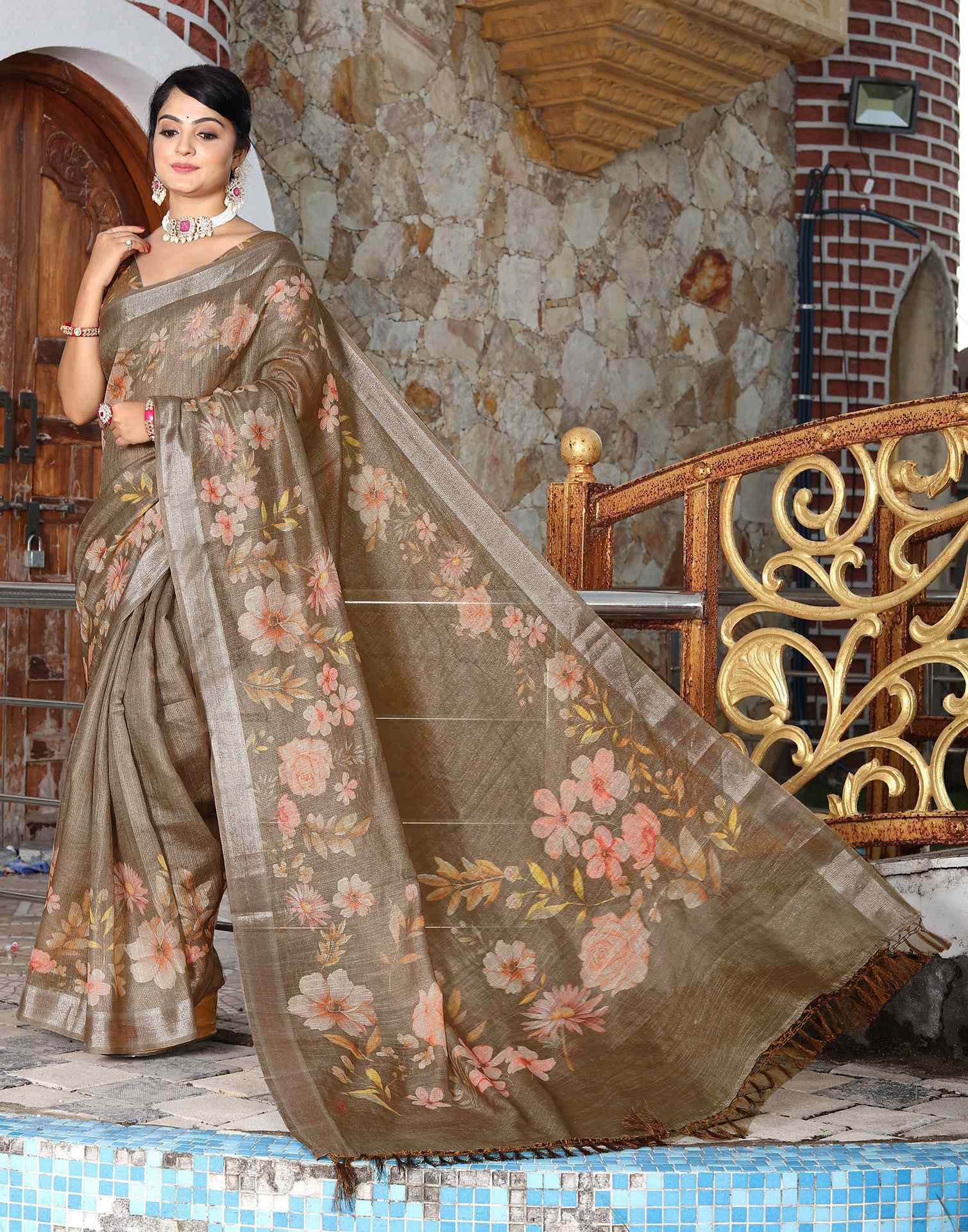 Khaki Cotton Floral Printed Saree