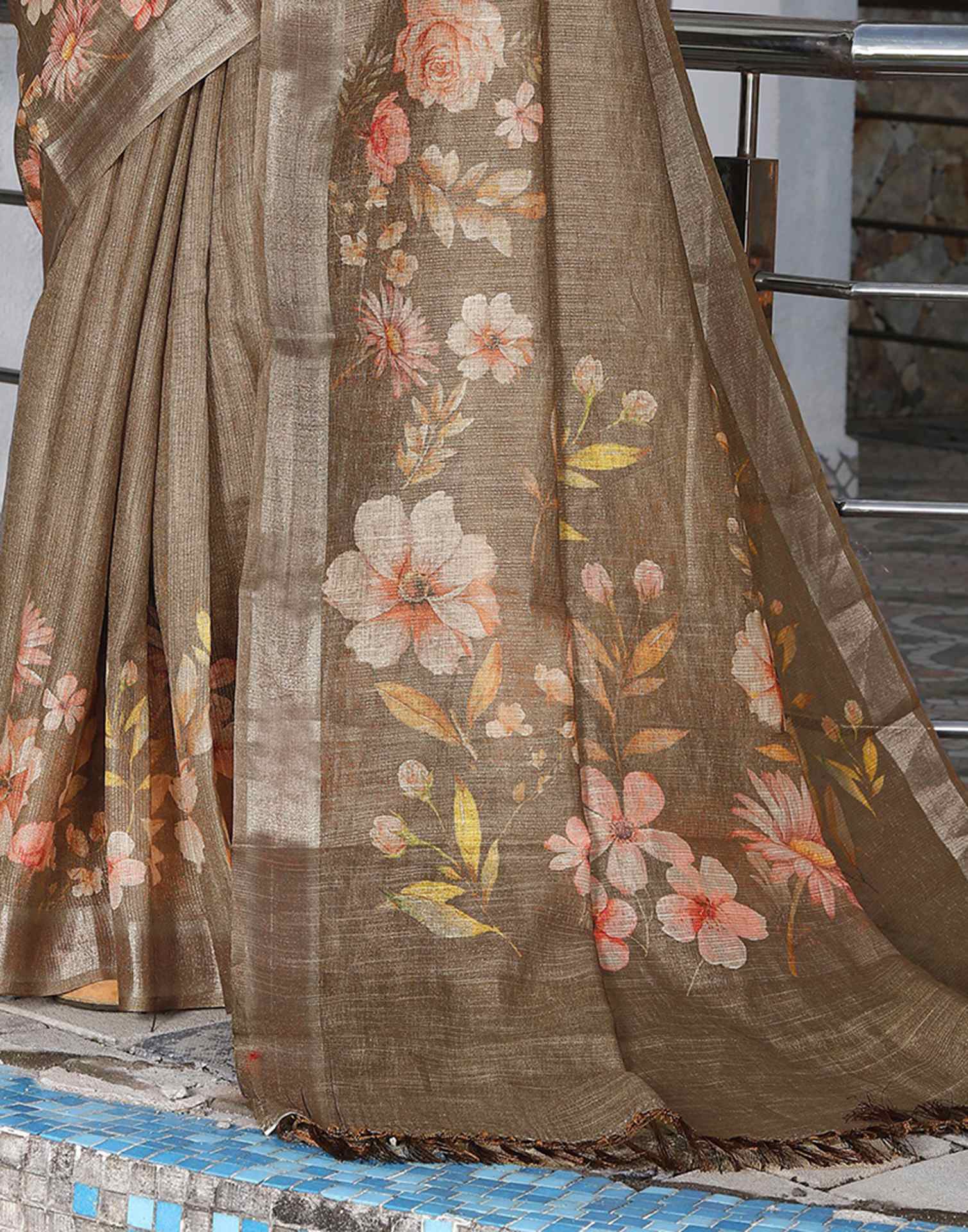 Khaki Cotton Floral Printed Saree