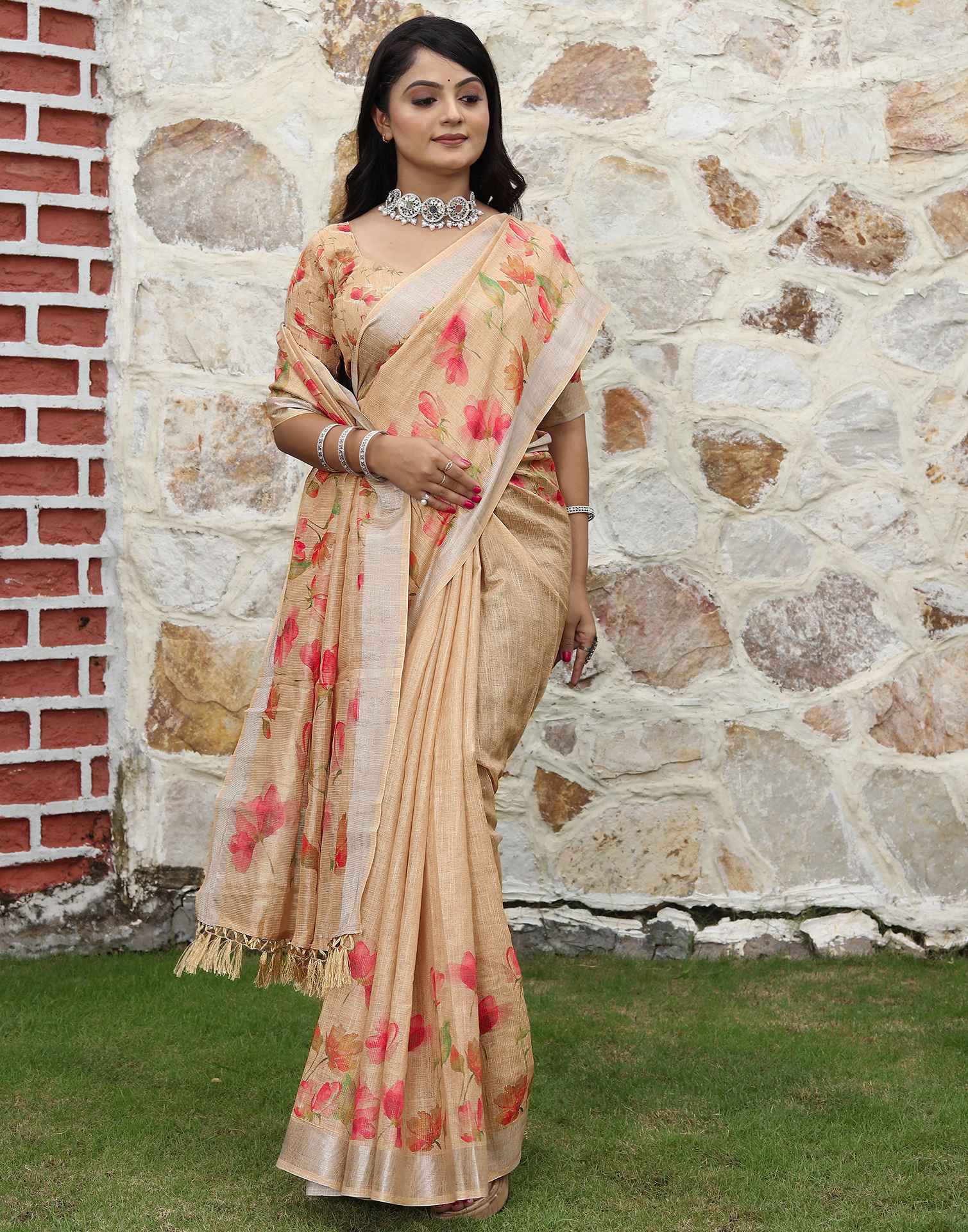 Beige Cotton Floral Printed Saree