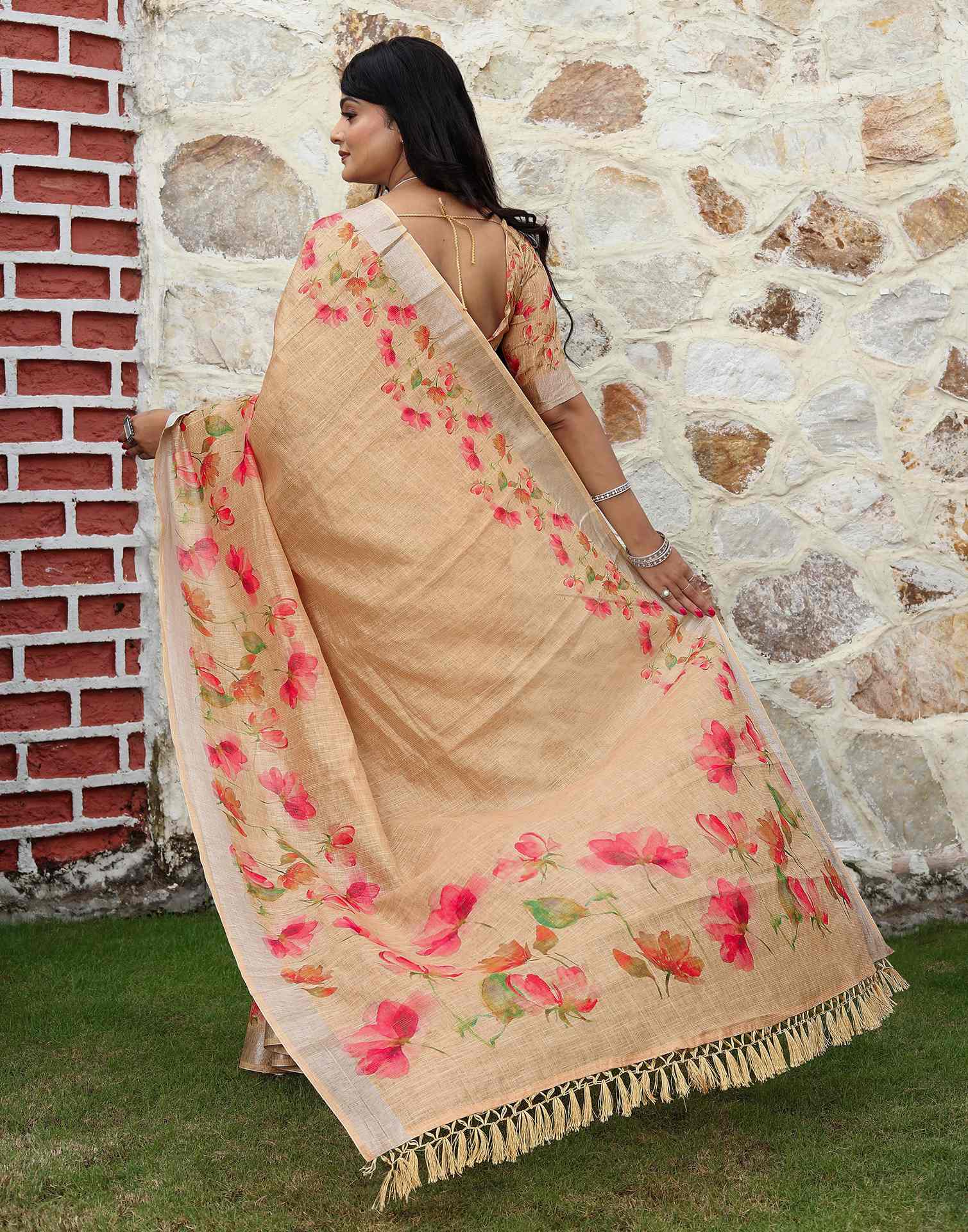 Beige Cotton Floral Printed Saree