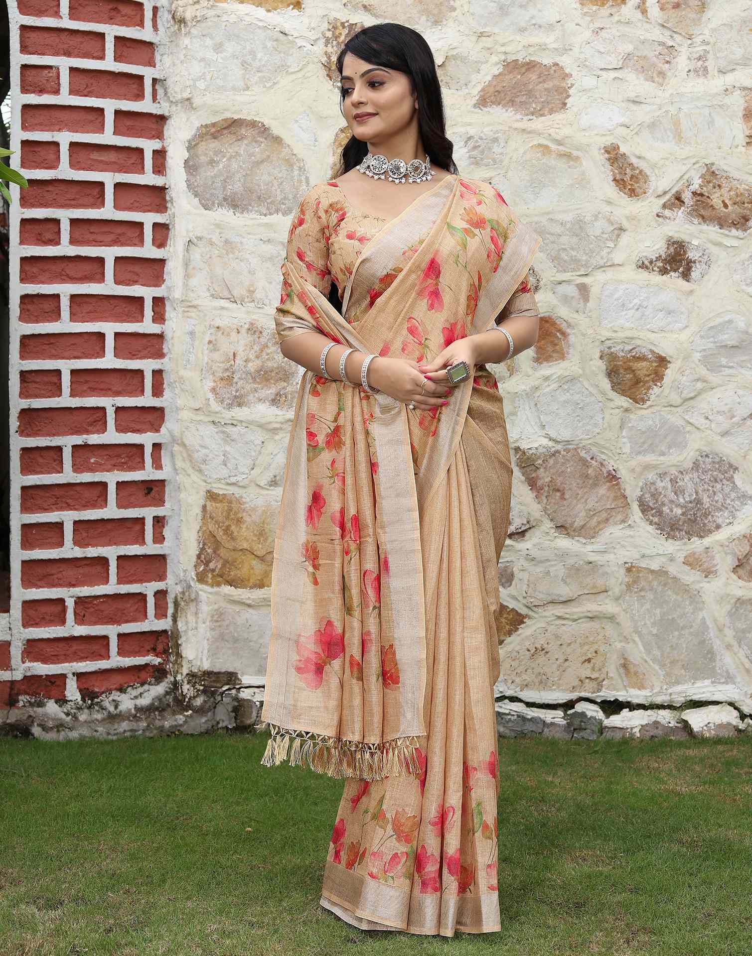 Beige Cotton Floral Printed Saree