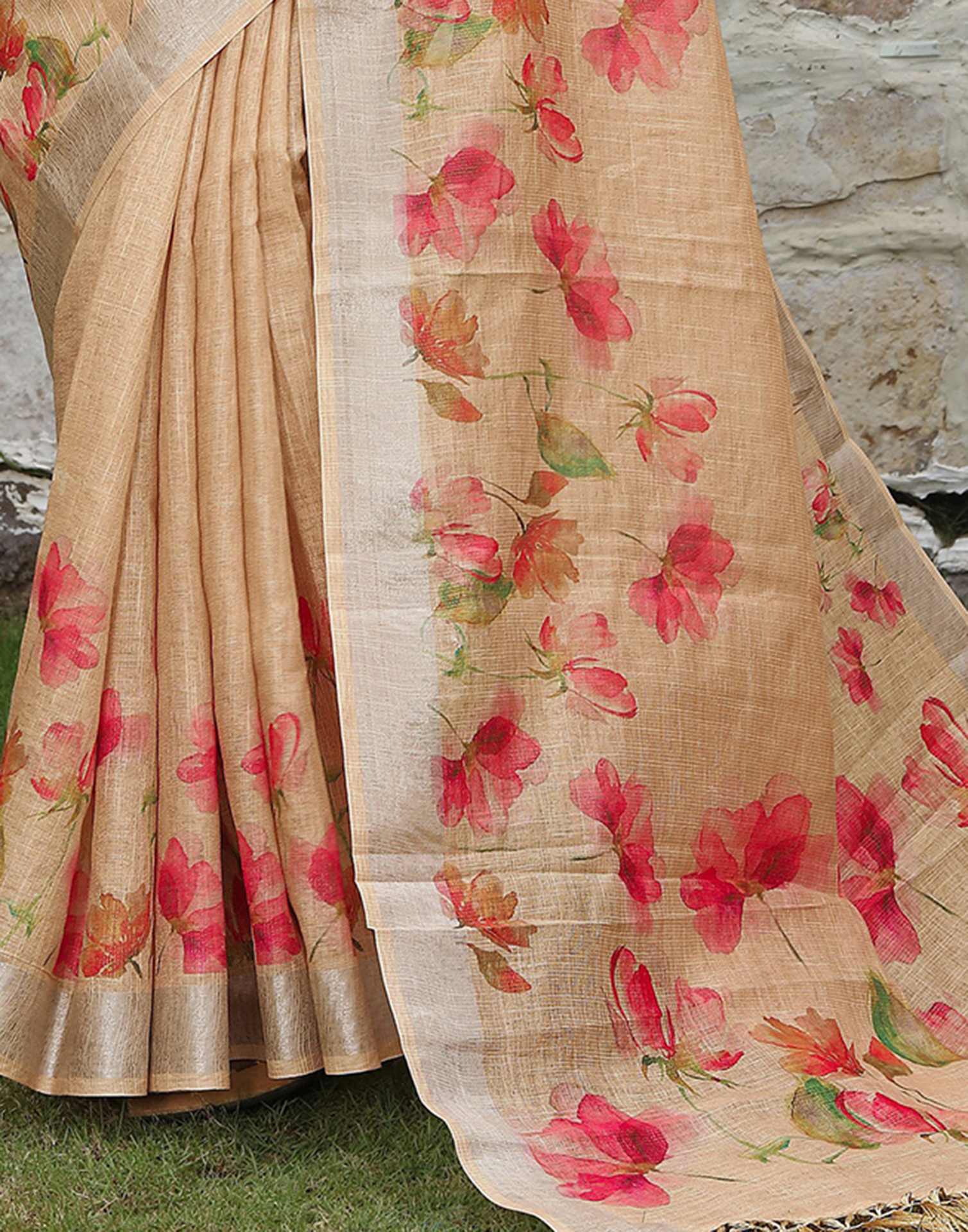 Beige Cotton Floral Printed Saree