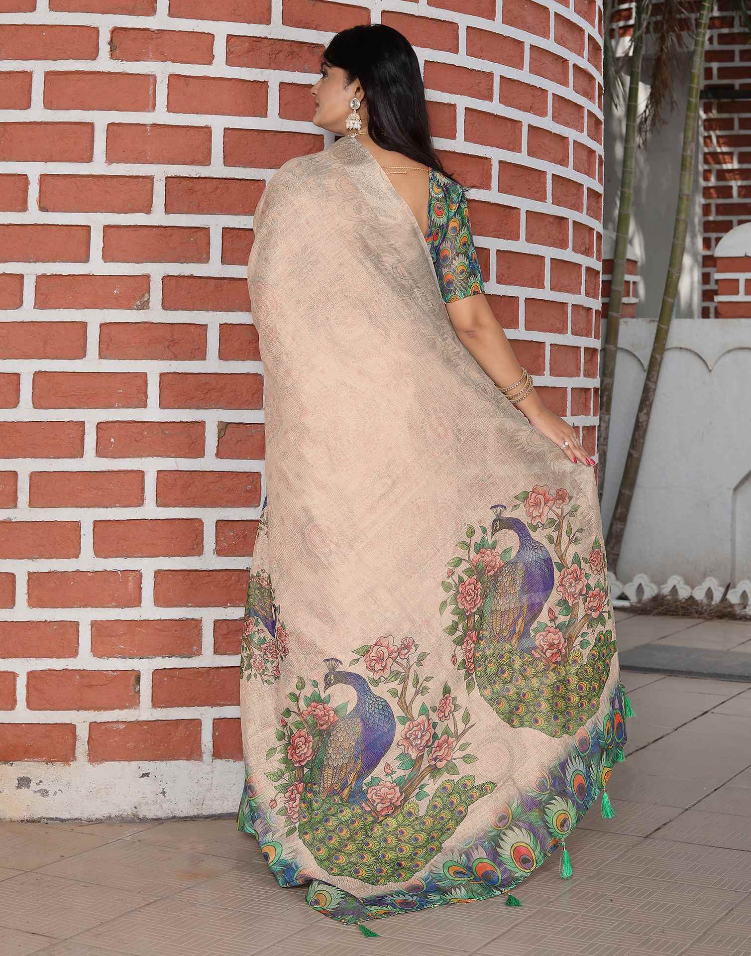 Beige Cotton Printed Saree