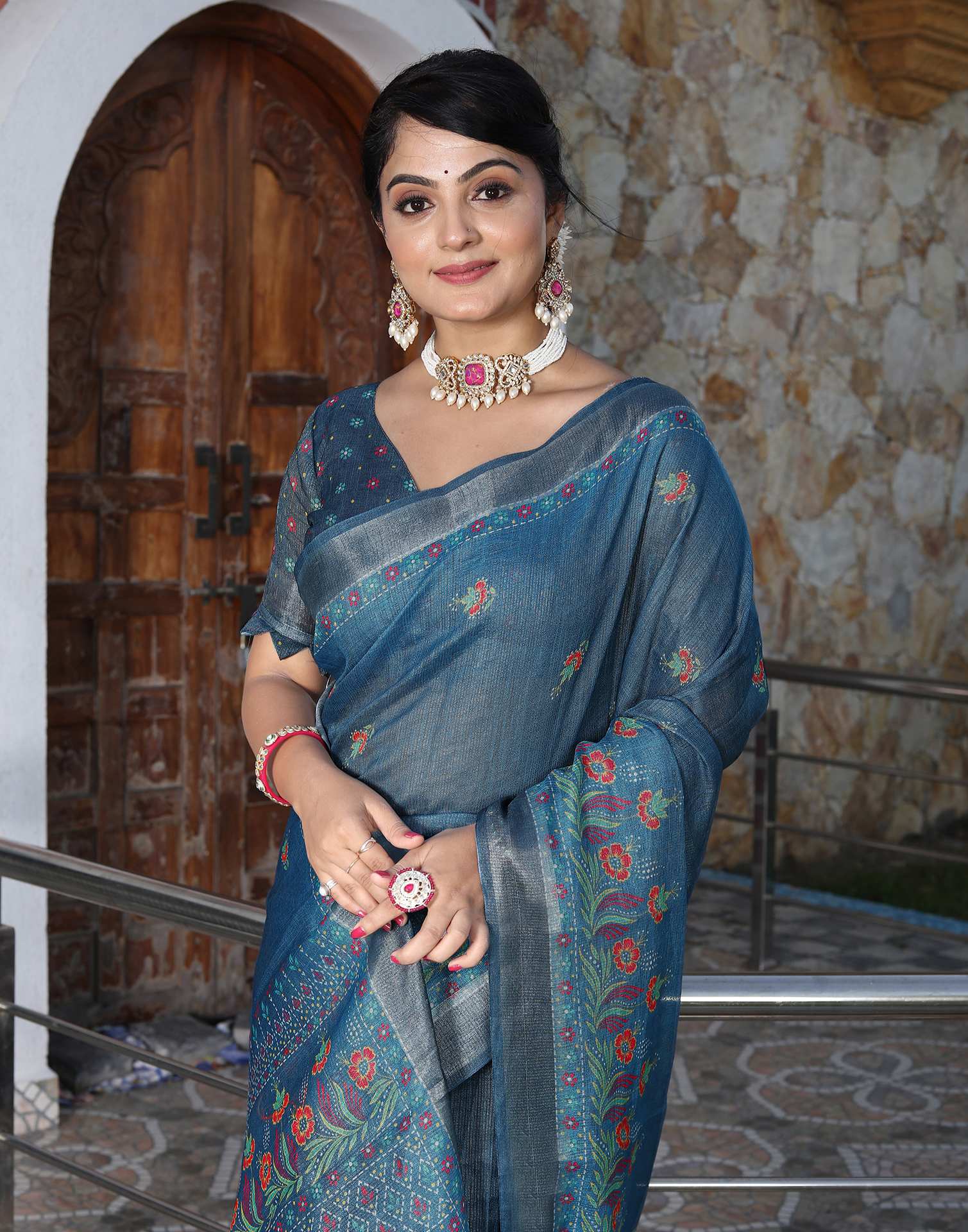 Blue Cotton Floral Printed Saree