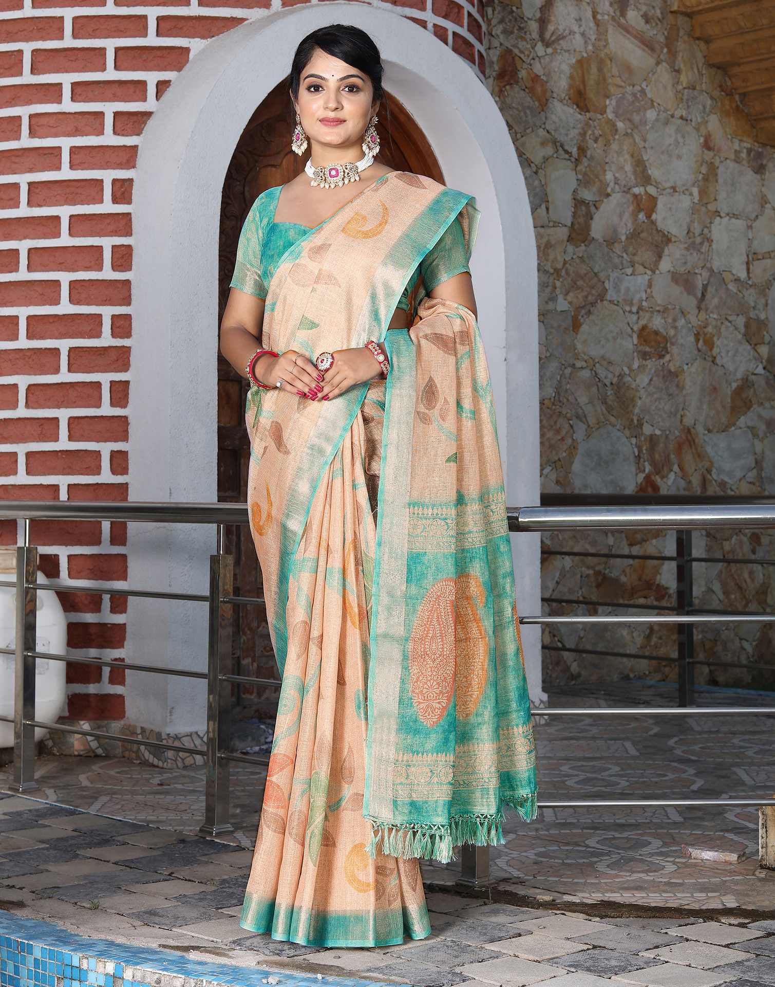Peach Cotton Printed Saree