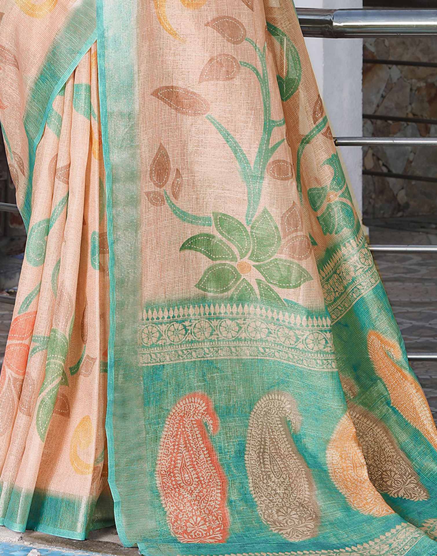 Peach Cotton Printed Saree