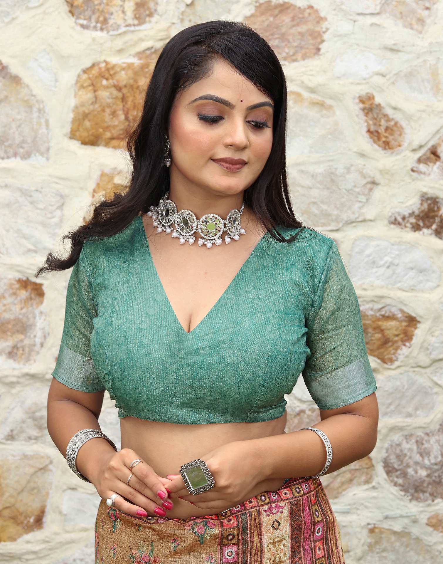 Turquoise Cotton Floral Printed Saree
