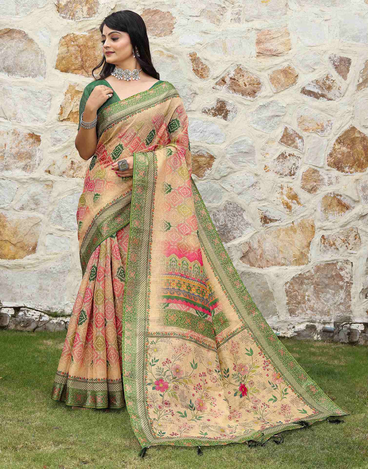 Peach Cotton Printed Bandhani Saree