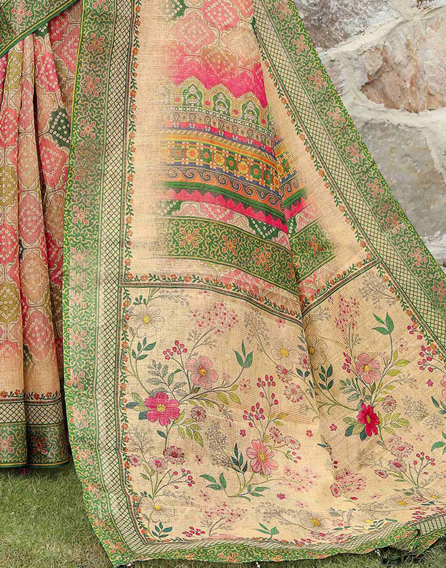 Peach Cotton Printed Bandhani Saree