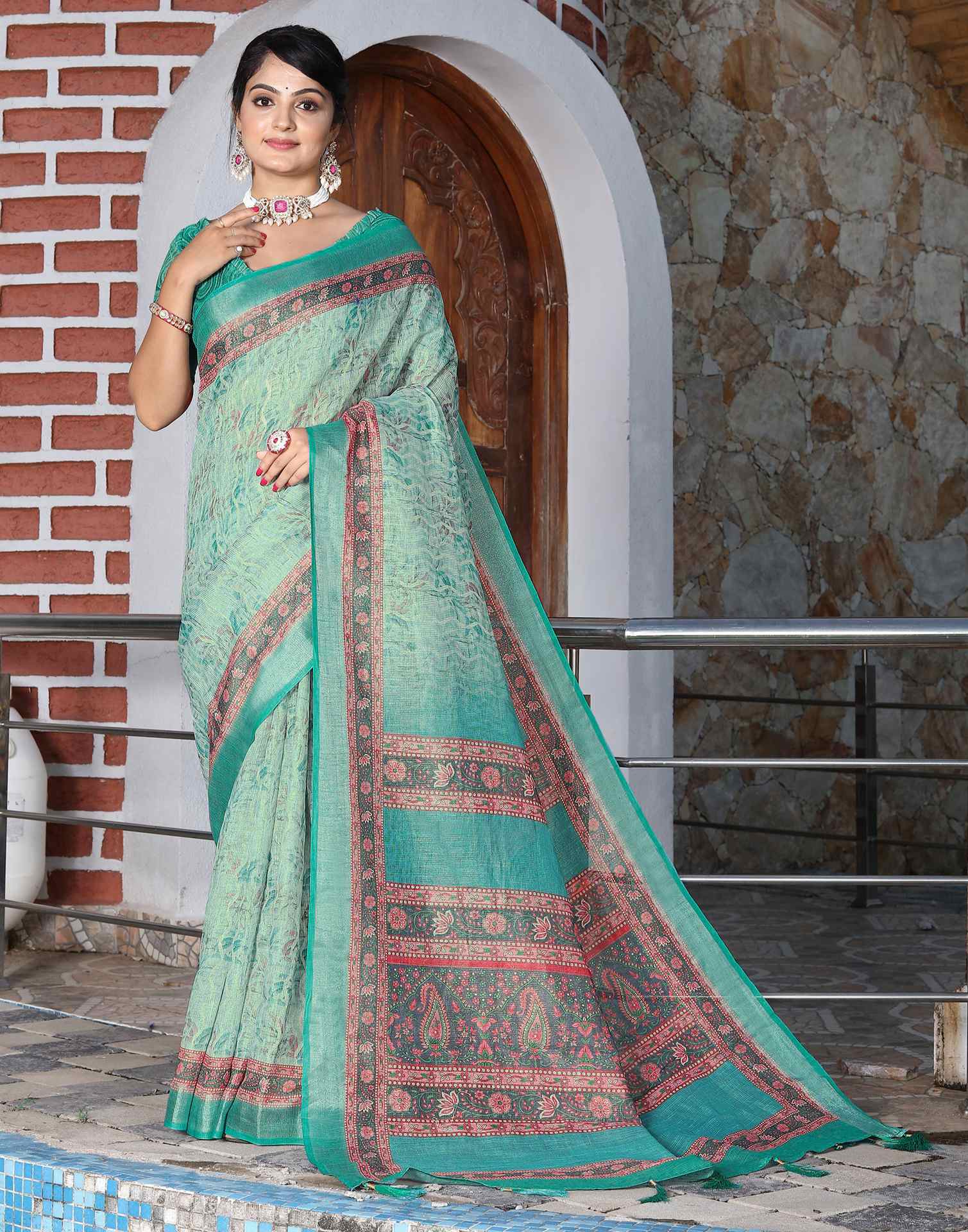 Turquoise Cotton Floral Printed Saree