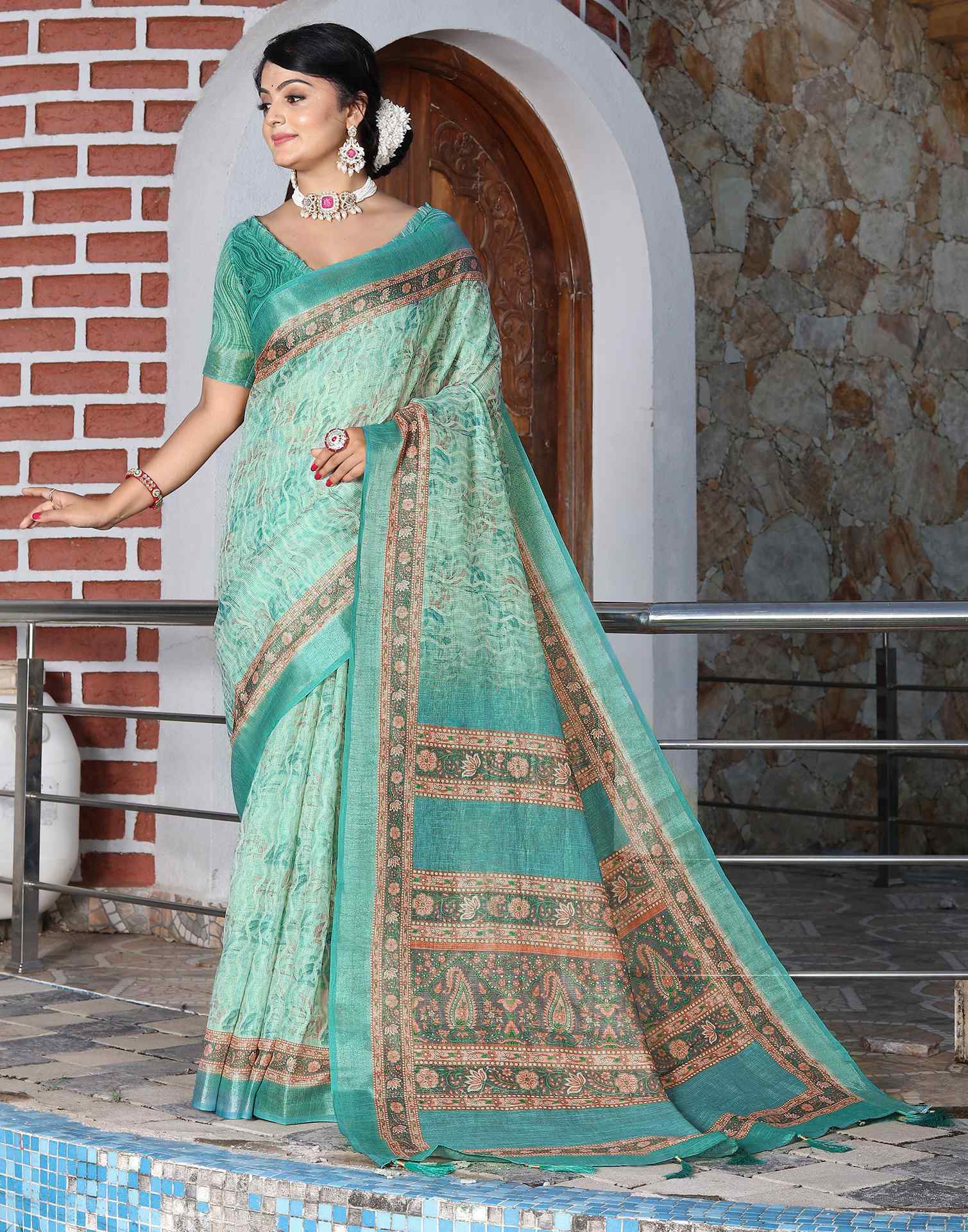Turquoise Cotton Floral Printed Saree
