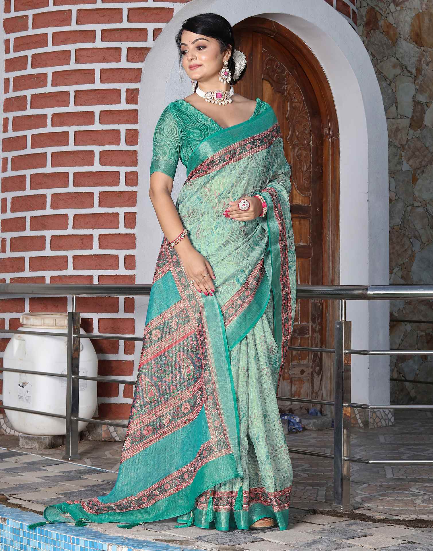 Turquoise Cotton Floral Printed Saree