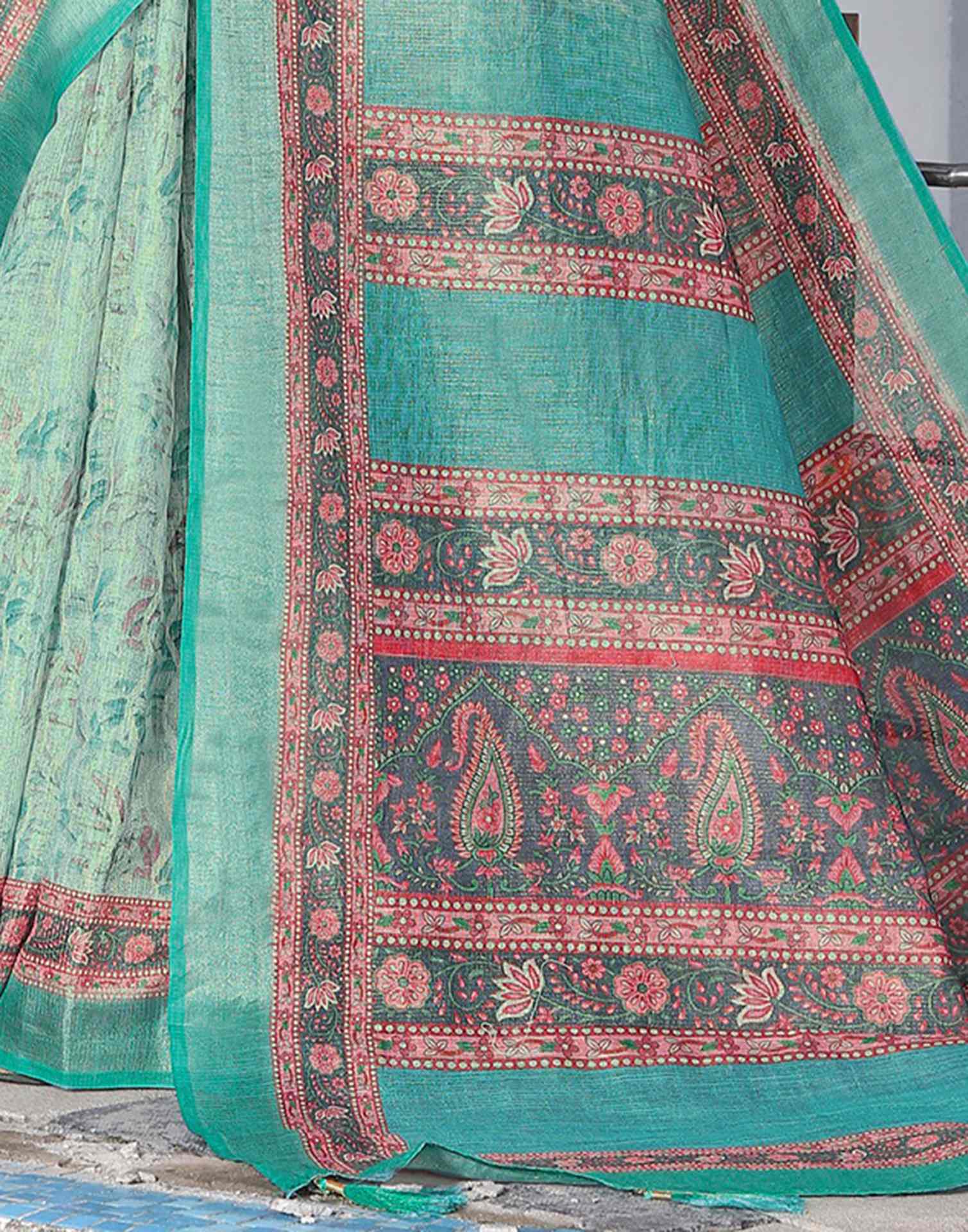 Turquoise Cotton Floral Printed Saree