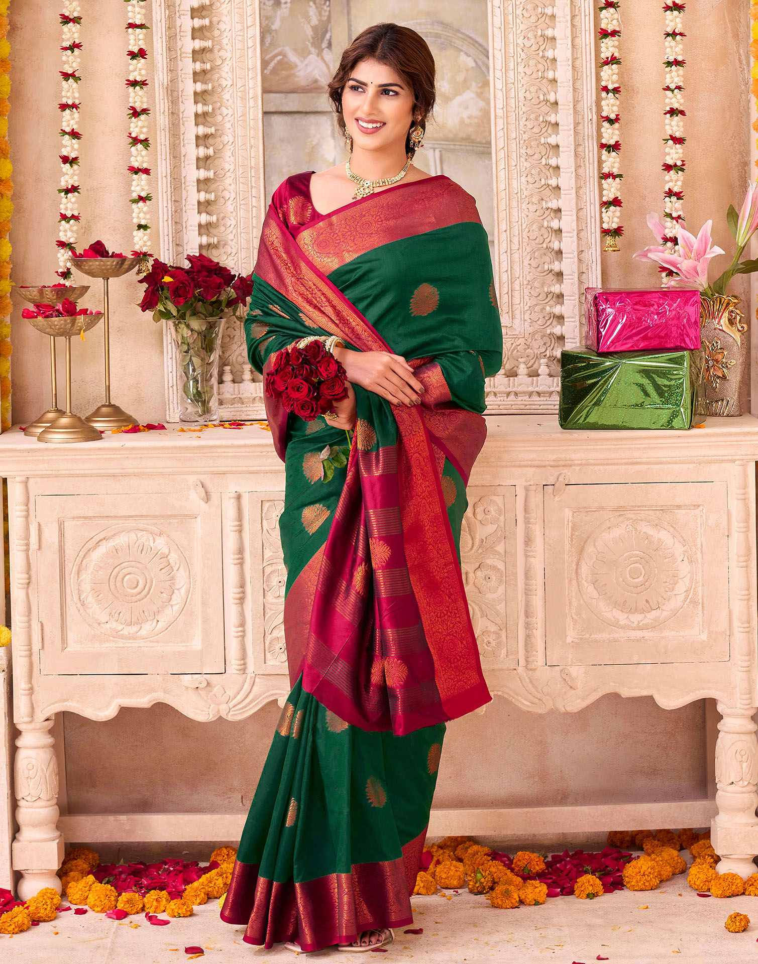 Dark Green Silk Woven Saree