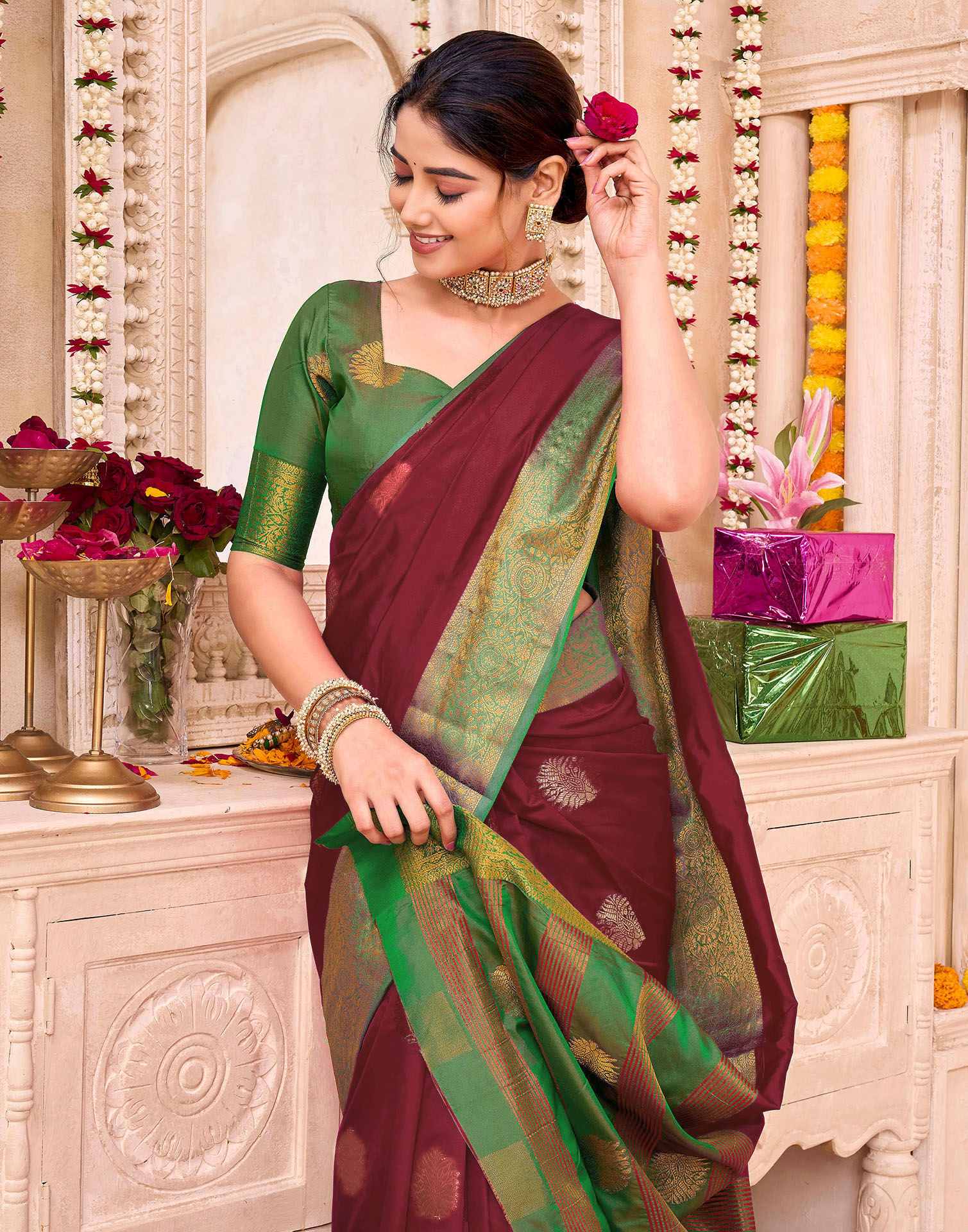 Maroon Silk Woven Banarasi Saree
