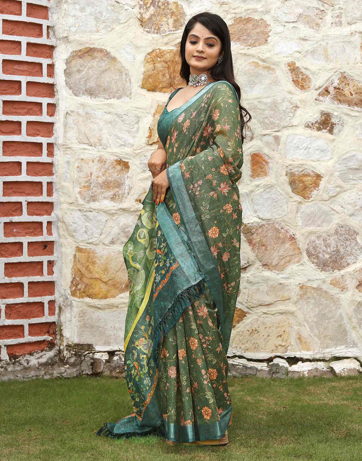 Green Cotton Floral Printed Saree