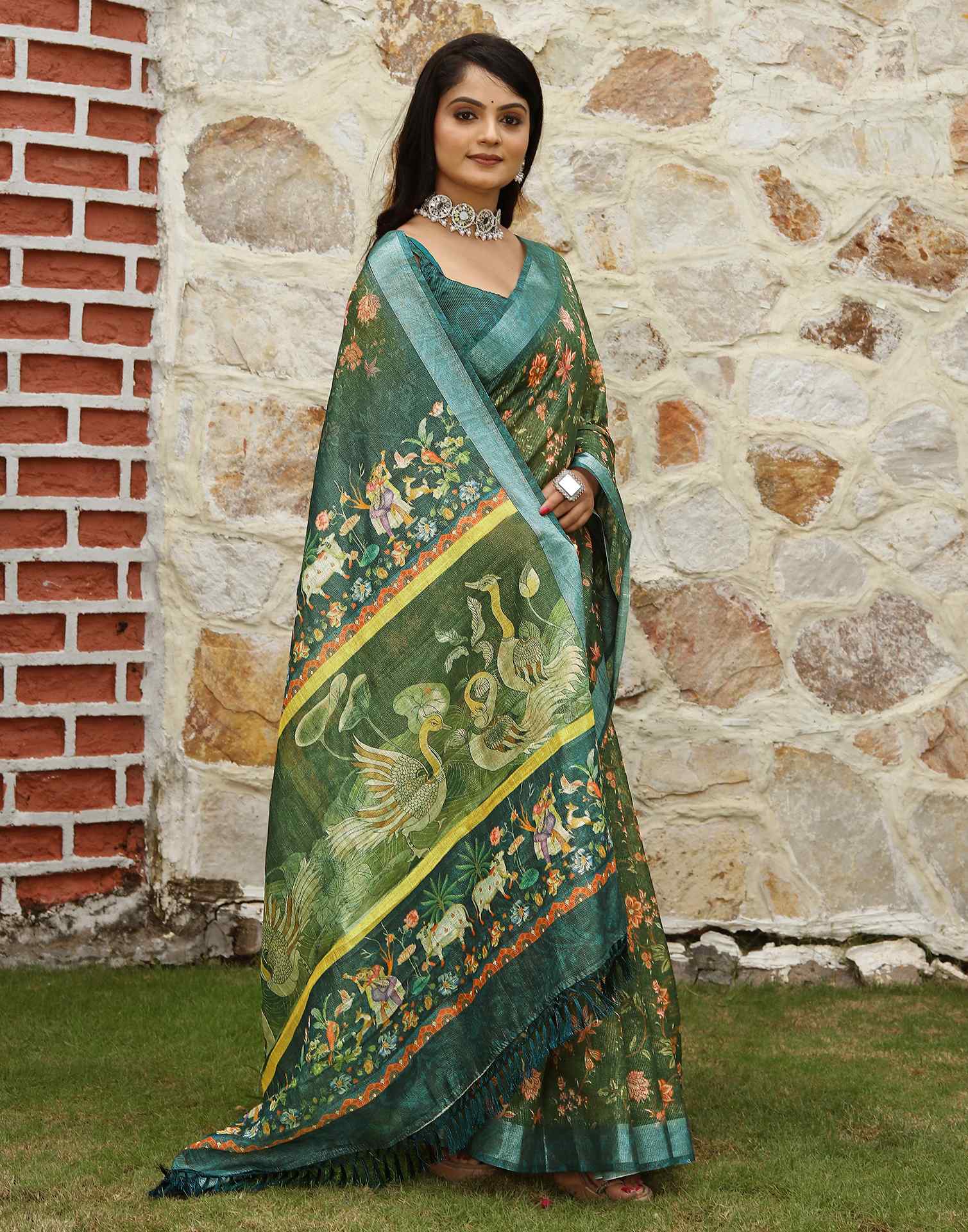 Green Cotton Floral Printed Saree