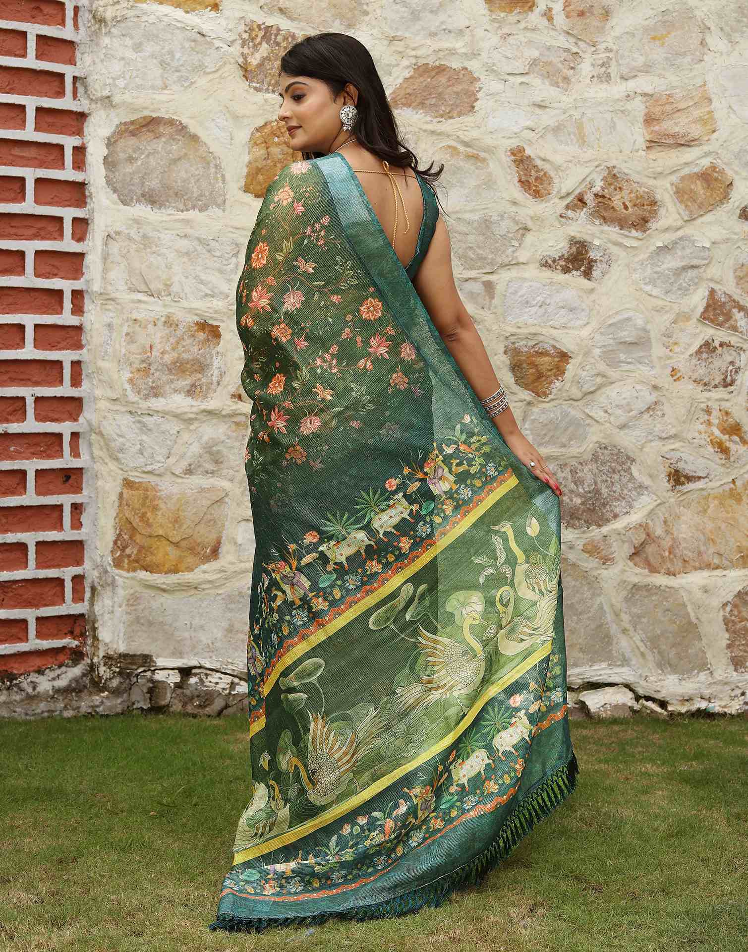 Green Cotton Floral Printed Saree