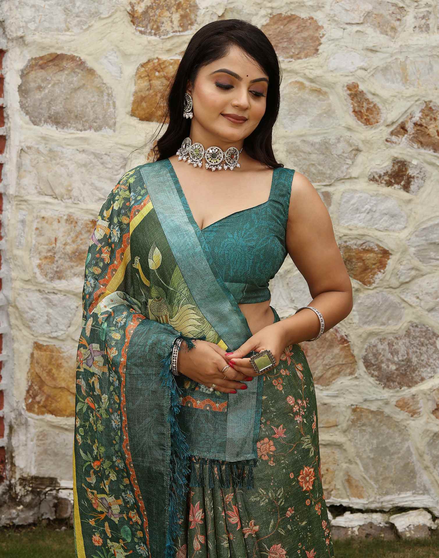 Green Cotton Floral Printed Saree