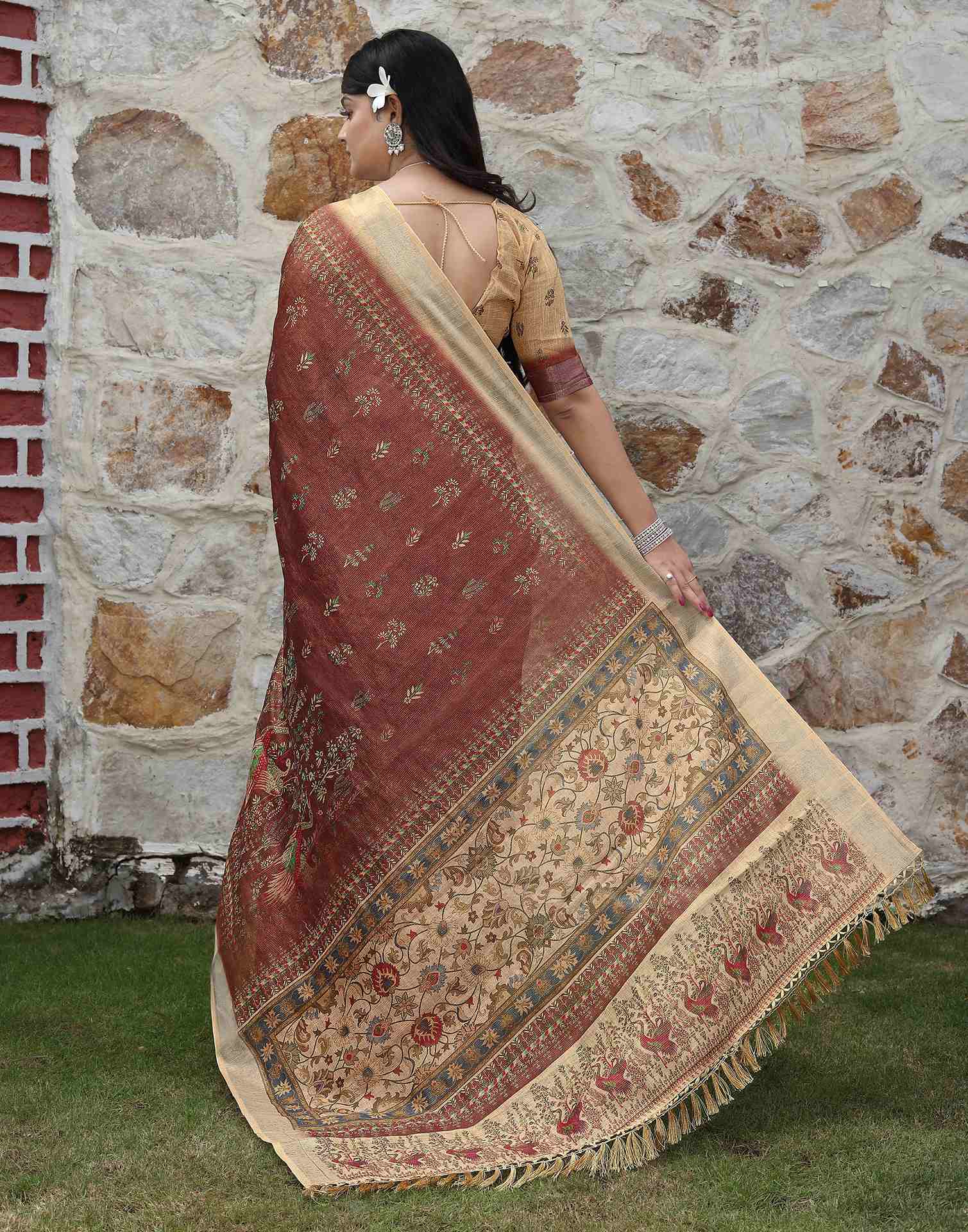 Dark Brown Cotton Printed Saree